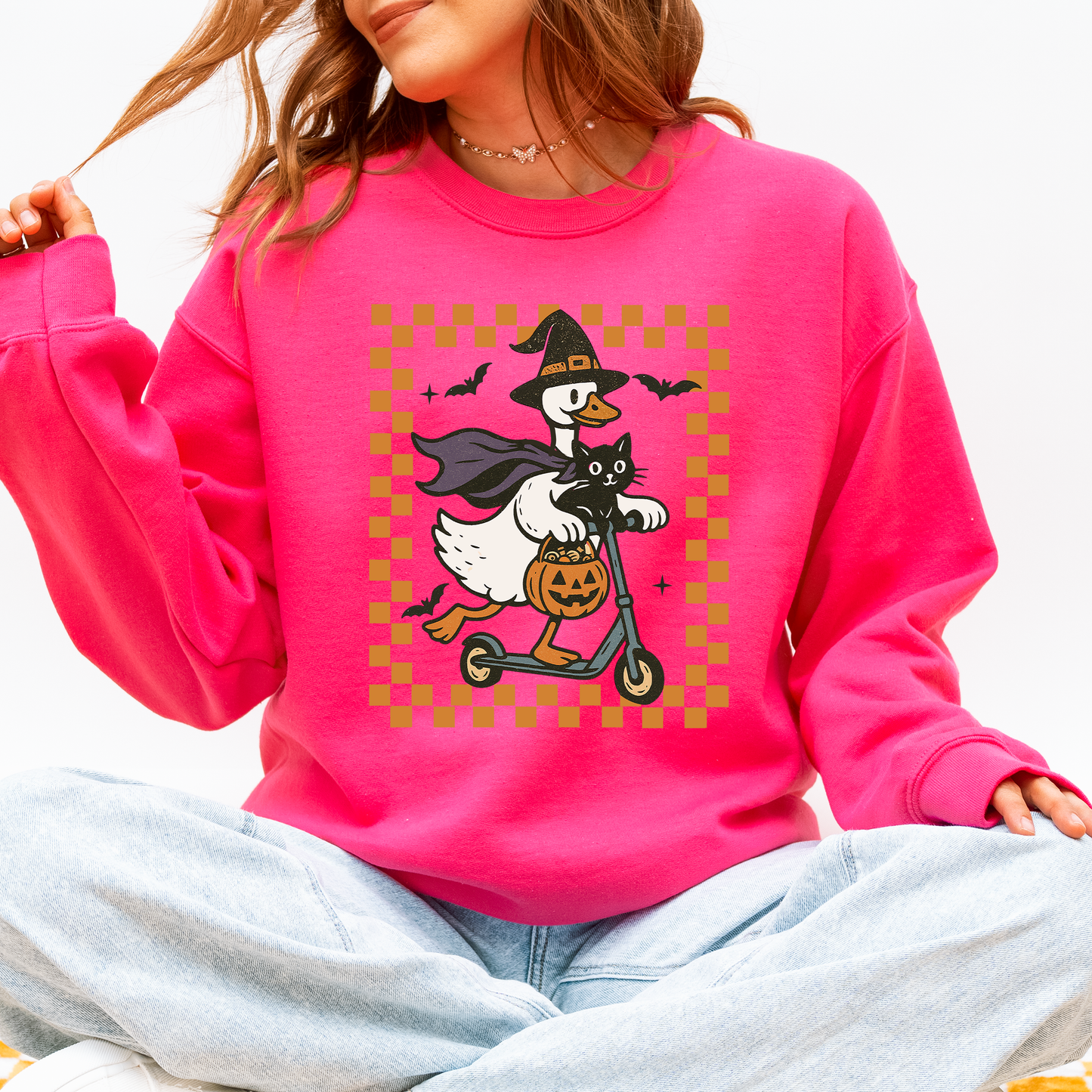 Funny Halloween Goose Black Cat Witch Checkered Sweatshirt Refinery Number One