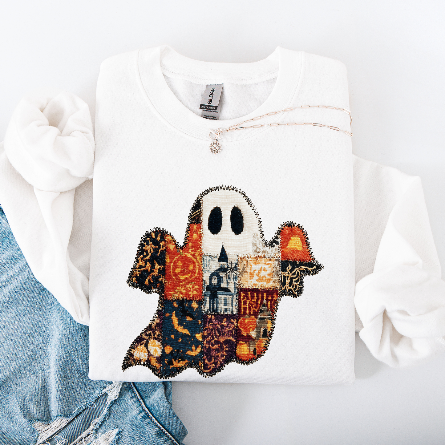 Ghost Faux Quilt Classic Sweatshirt Halloween Fall Autumn