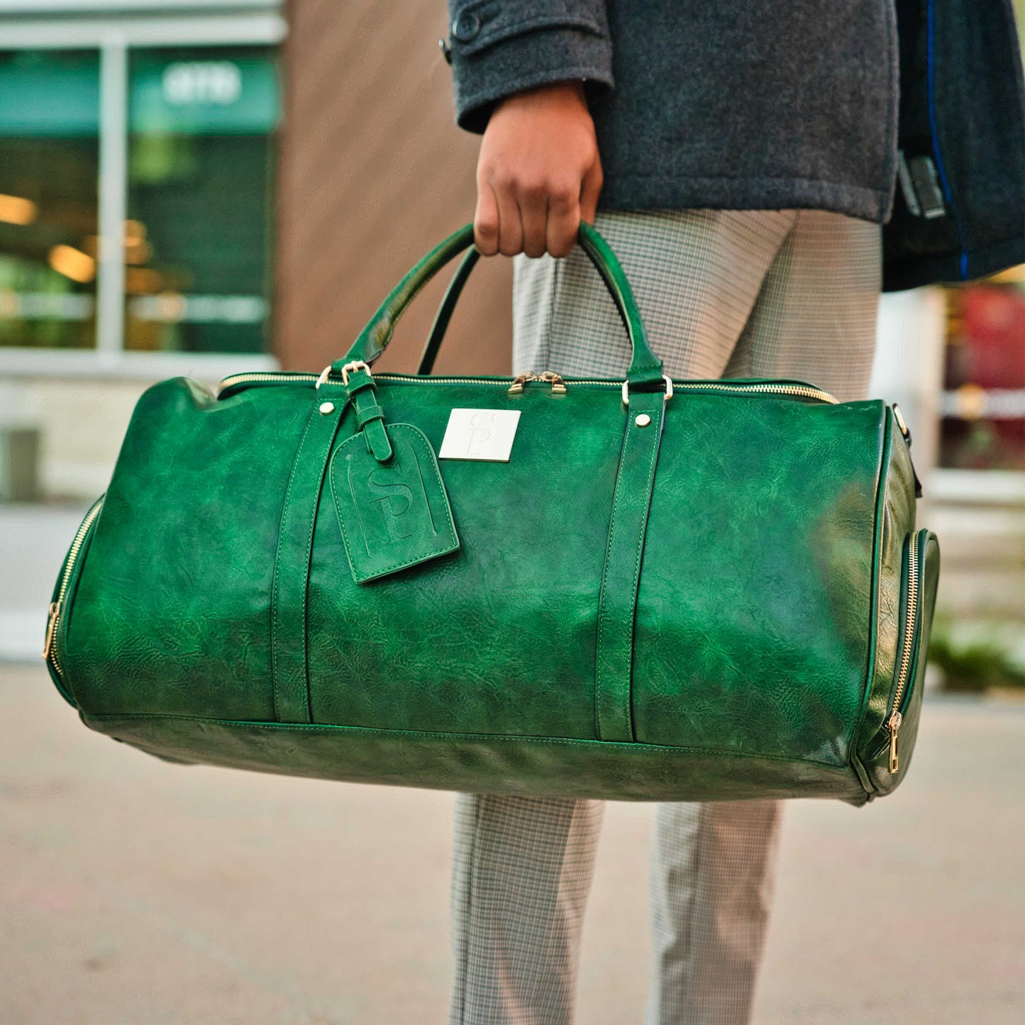 Emerald Green Leather Commuter Backpack and Duffle Bag Set
