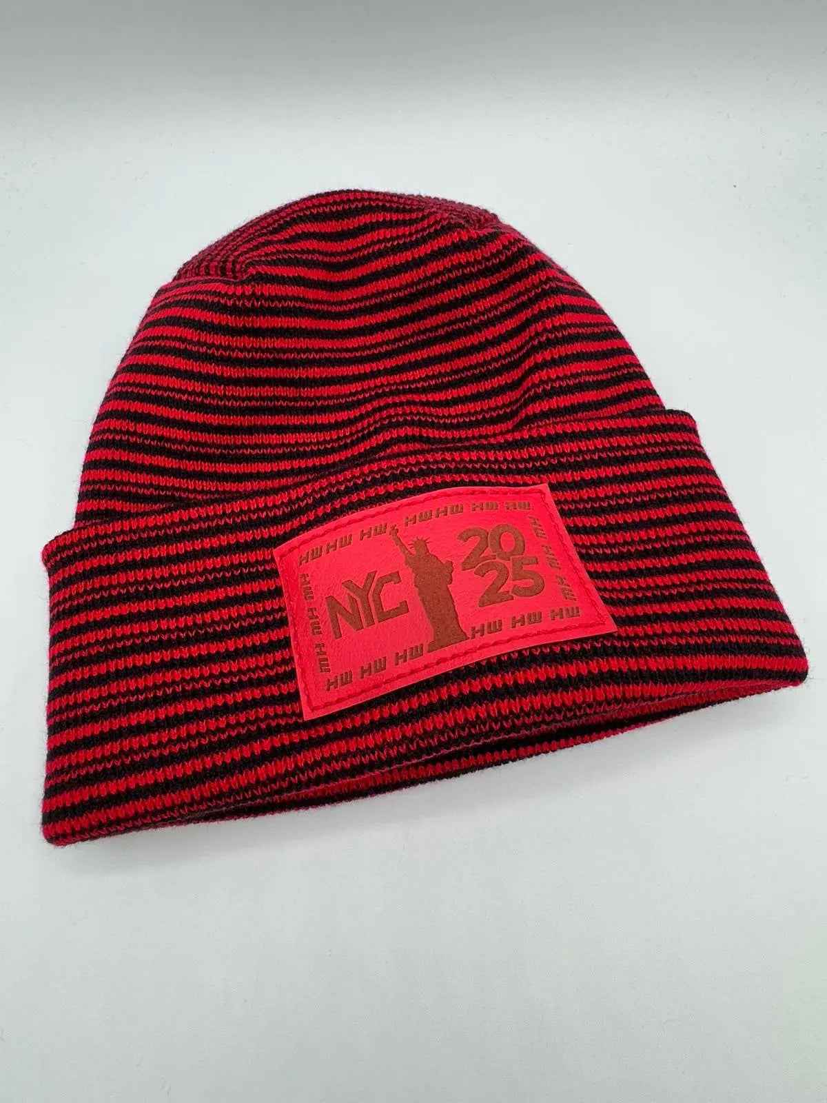 Haakwear NEW YEAR 2025 NYC, Modern H Stitch Contrast Cuffed Beanie / Hat (Patented Design) Black / Red, Made in USA (Limited Edition)