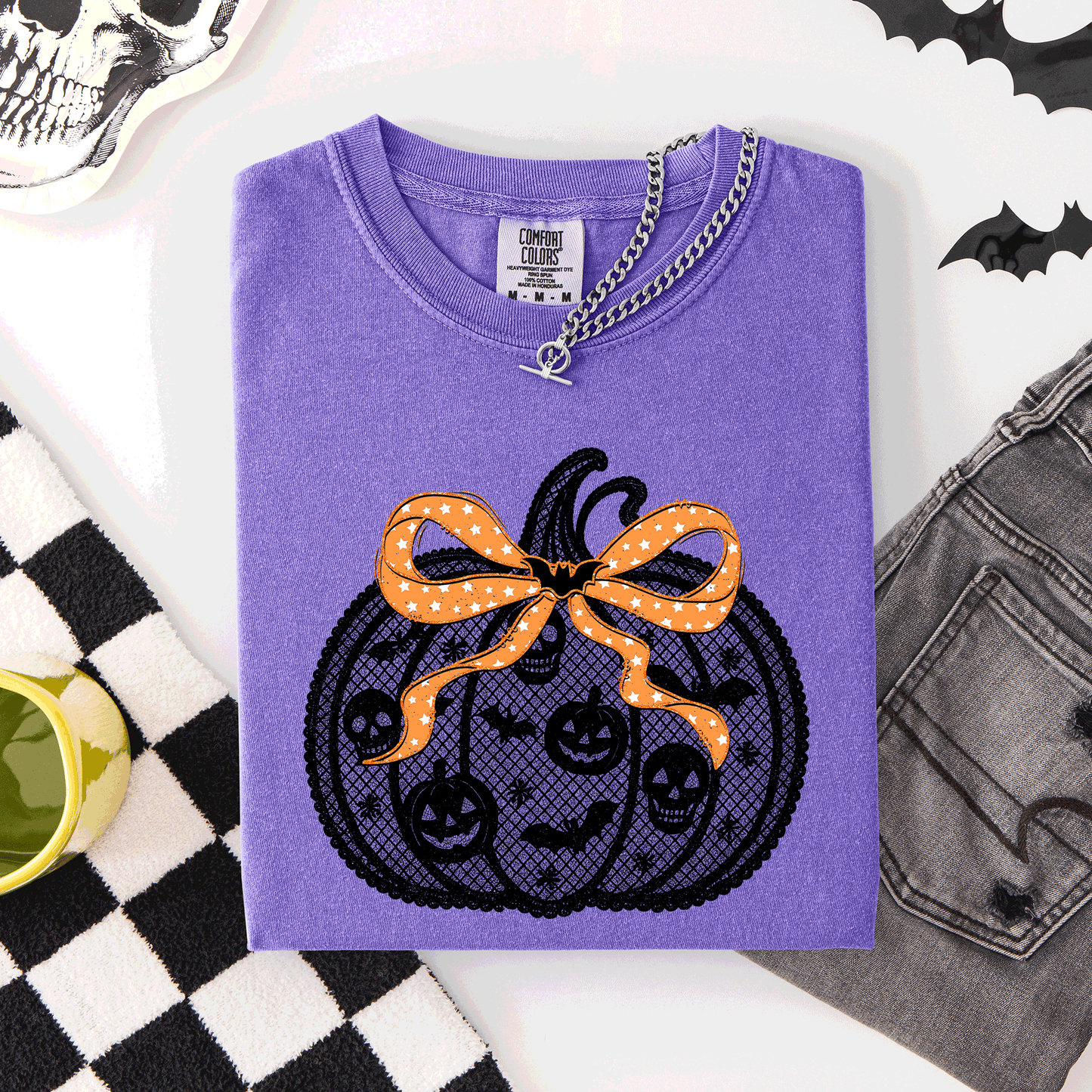 Halloween Pumpkin Faux Lace Comfort Colors T-Shirt Refinery Number One