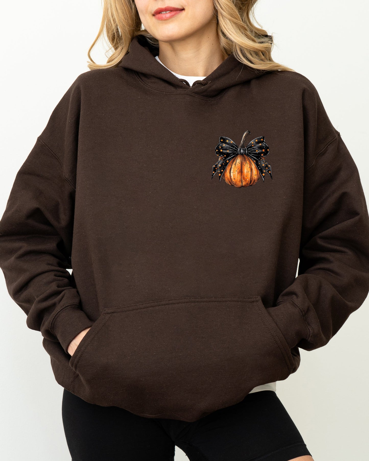 Halloween Pumpkin Ribbon Pocket Print Autumn Hooded Sweatshirt Coquette