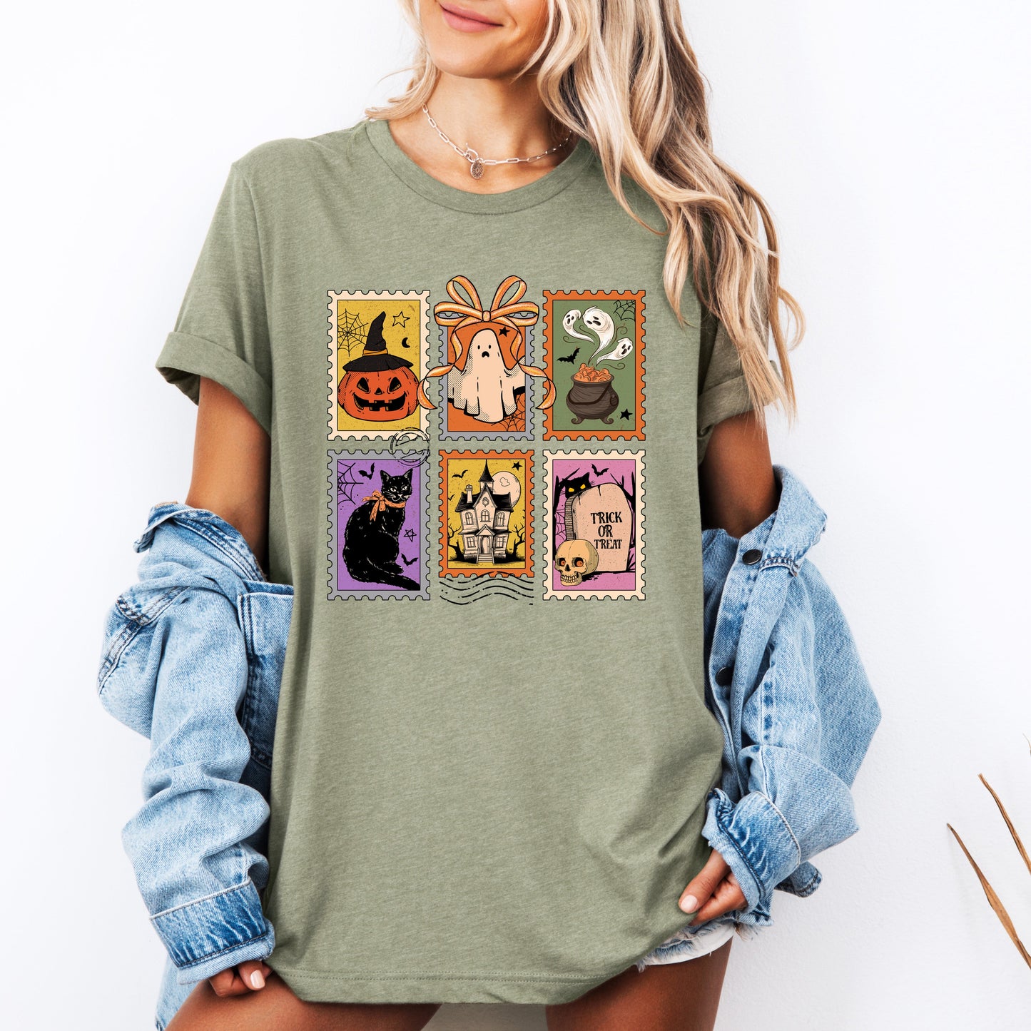 Halloween Classic T-shirt with Ghost Black Cat Pumpkin Witch Design