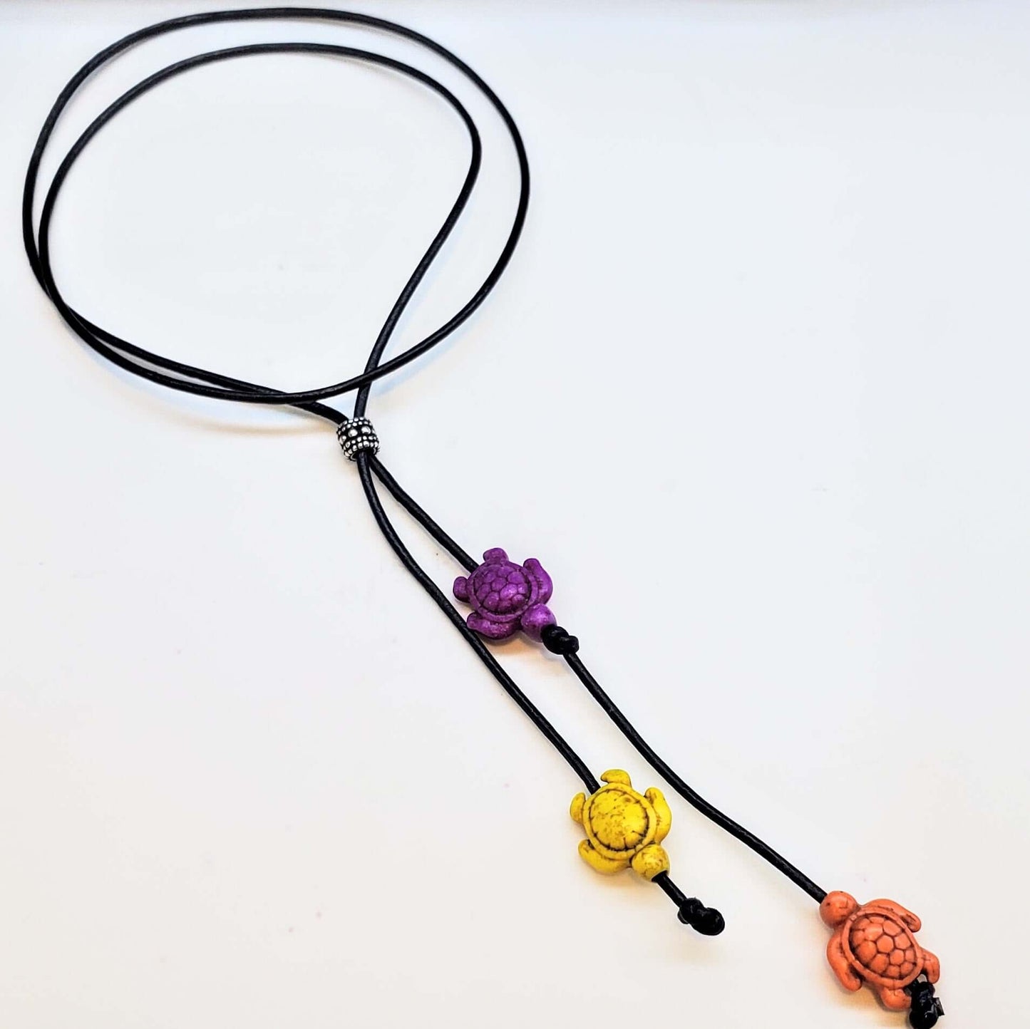 Black Leather Colored Ceramic Talking Turtle Bolo Necklace Handmade