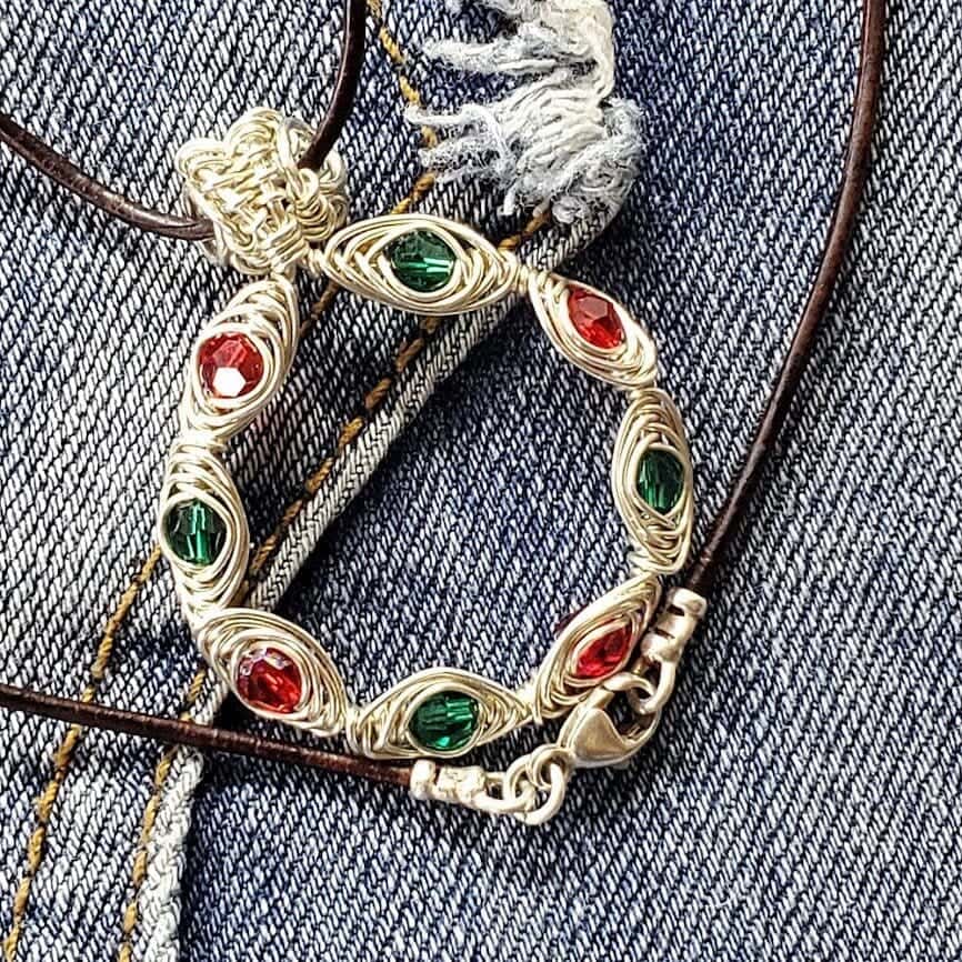 Red Green Crystal Holiday Wreath Necklace Handmade Limited Edition Alexa Martha Designs