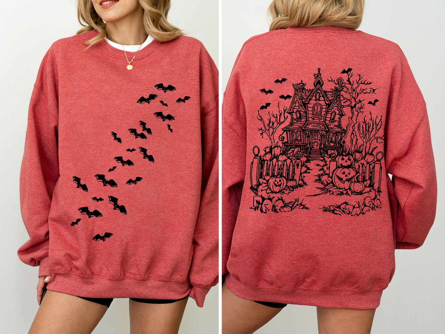 Haunted House Front and Back Retro Halloween Sweatshirt