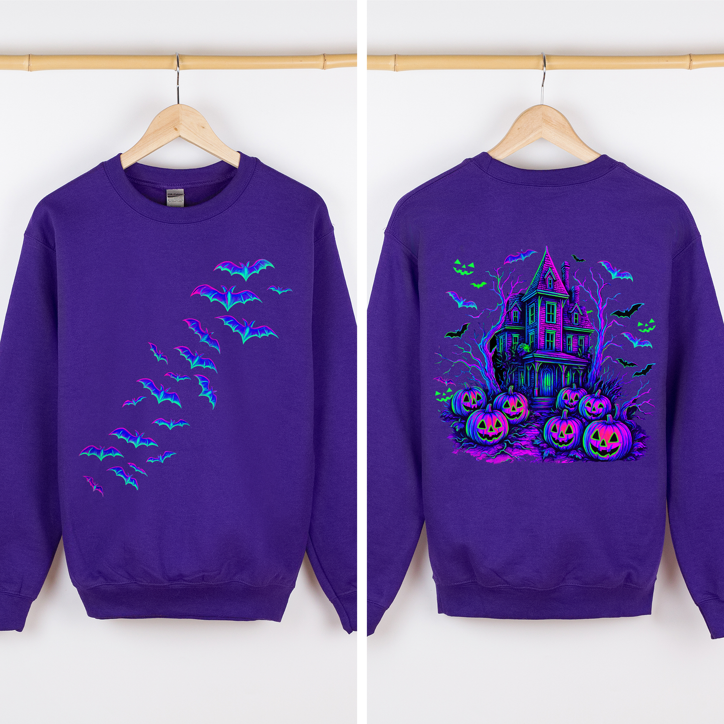 Haunted House Bright Colors Sweatshirt Halloween Spooky Ghosts Bats
