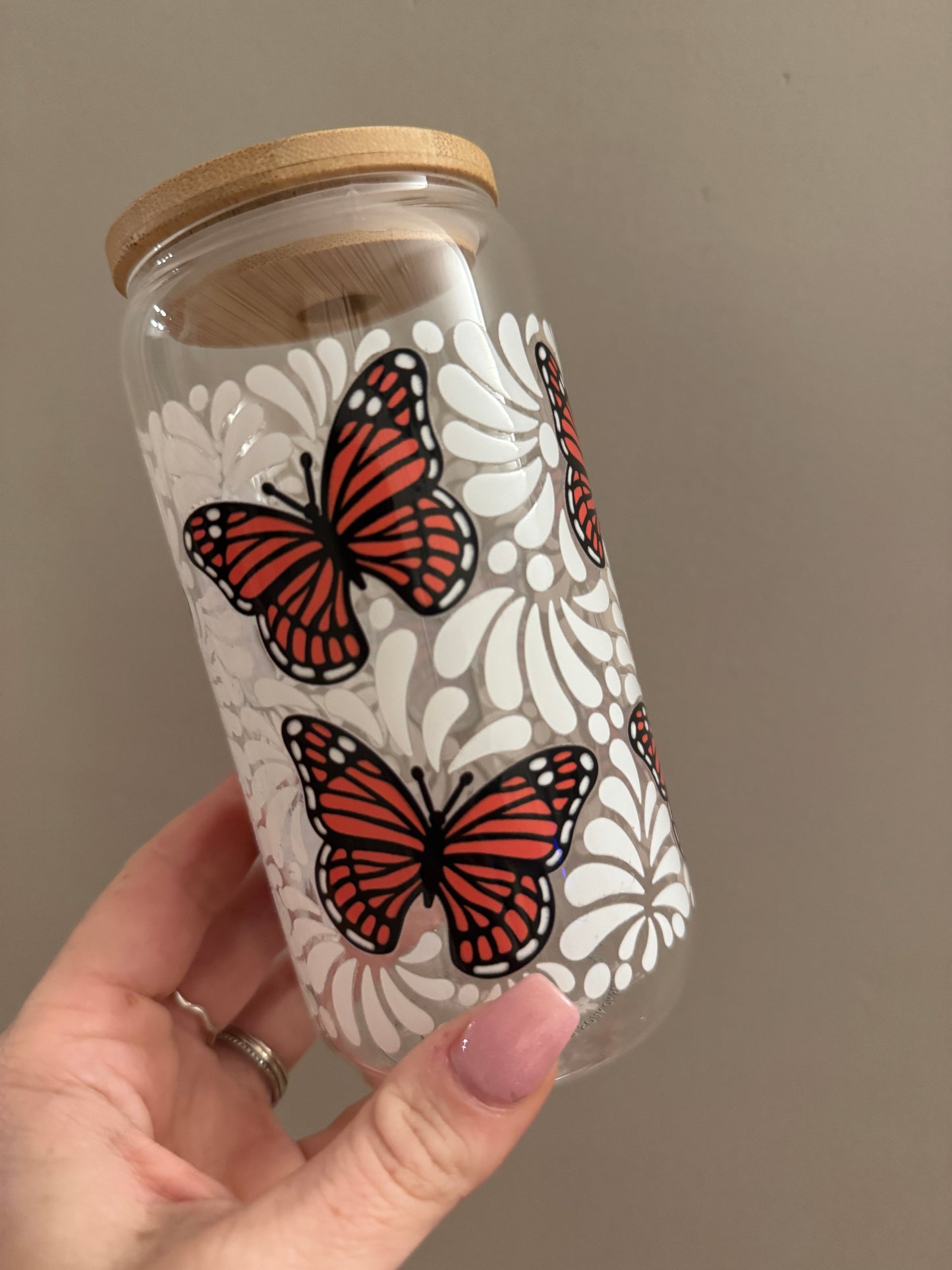 Monarch Bloom 16oz Glass Cup with Bamboo Lid and Straw