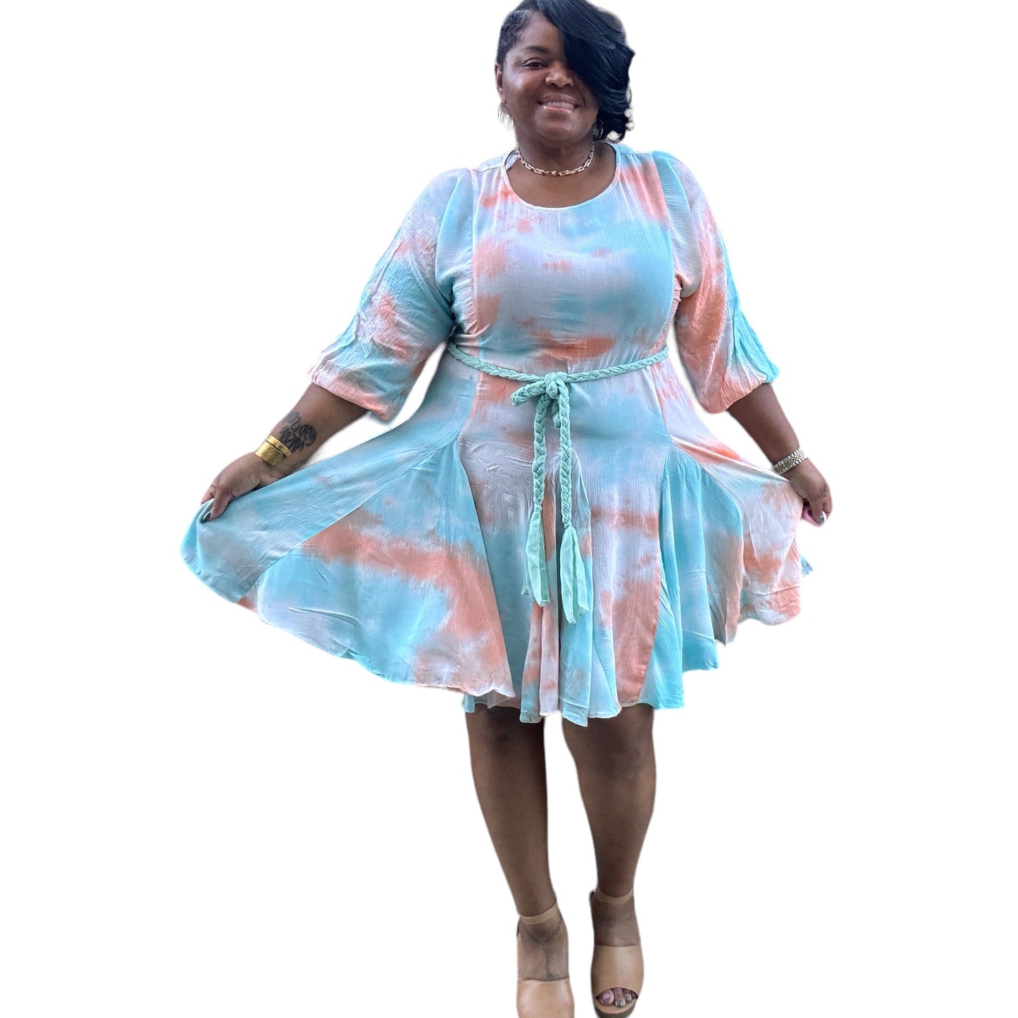 Womens Plus Size Chic Tie Dye Woven Mini Dress