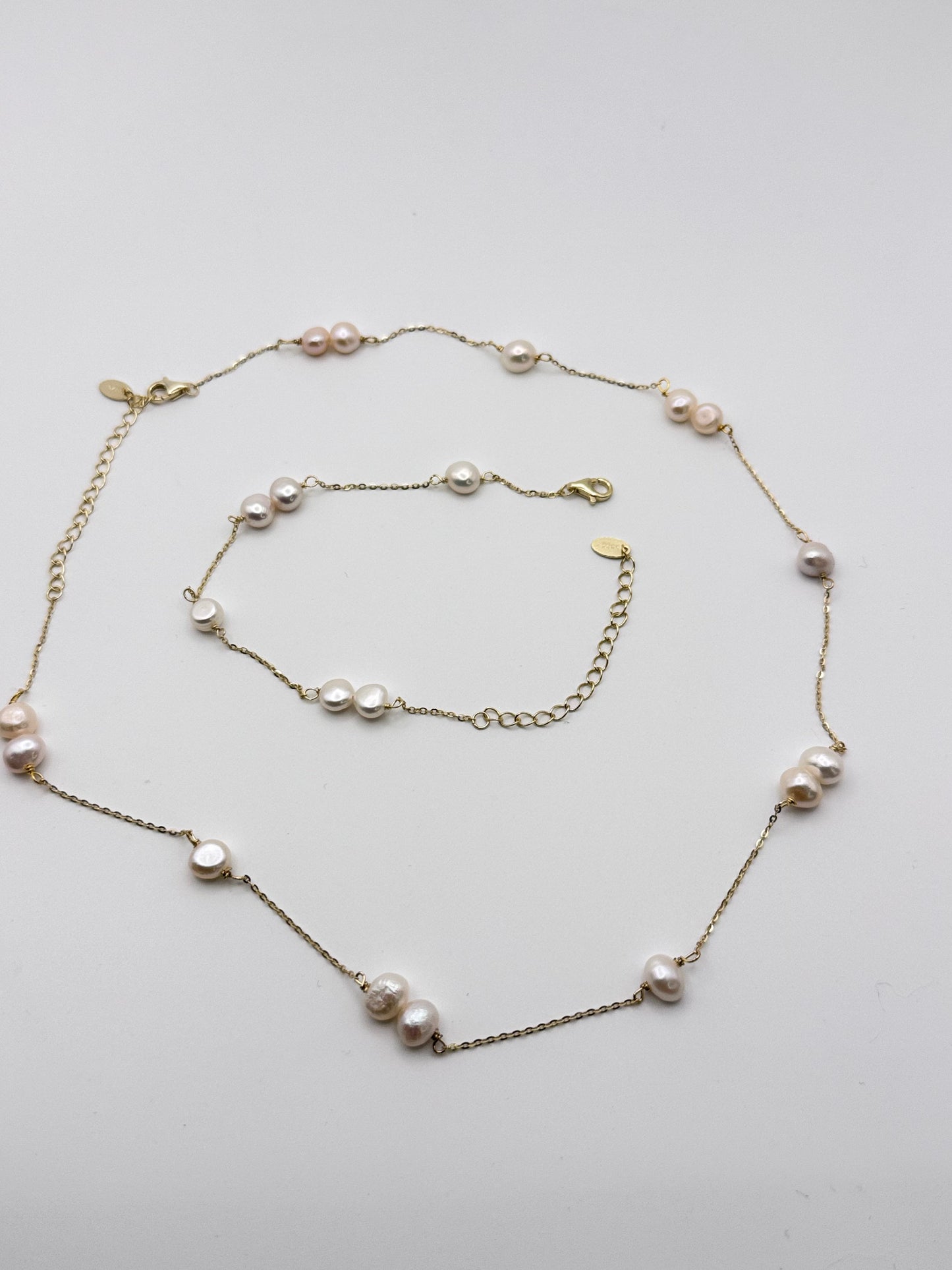 Luxe Pearl Station 925 Sterling Silver 14K Gold Plated Necklace & Bracelet Jewelry Set