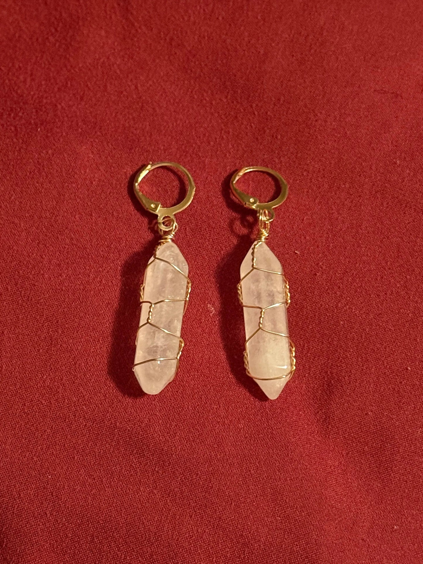 Goldtone Wire Wrapped Clear Quartz Healing Earrings
