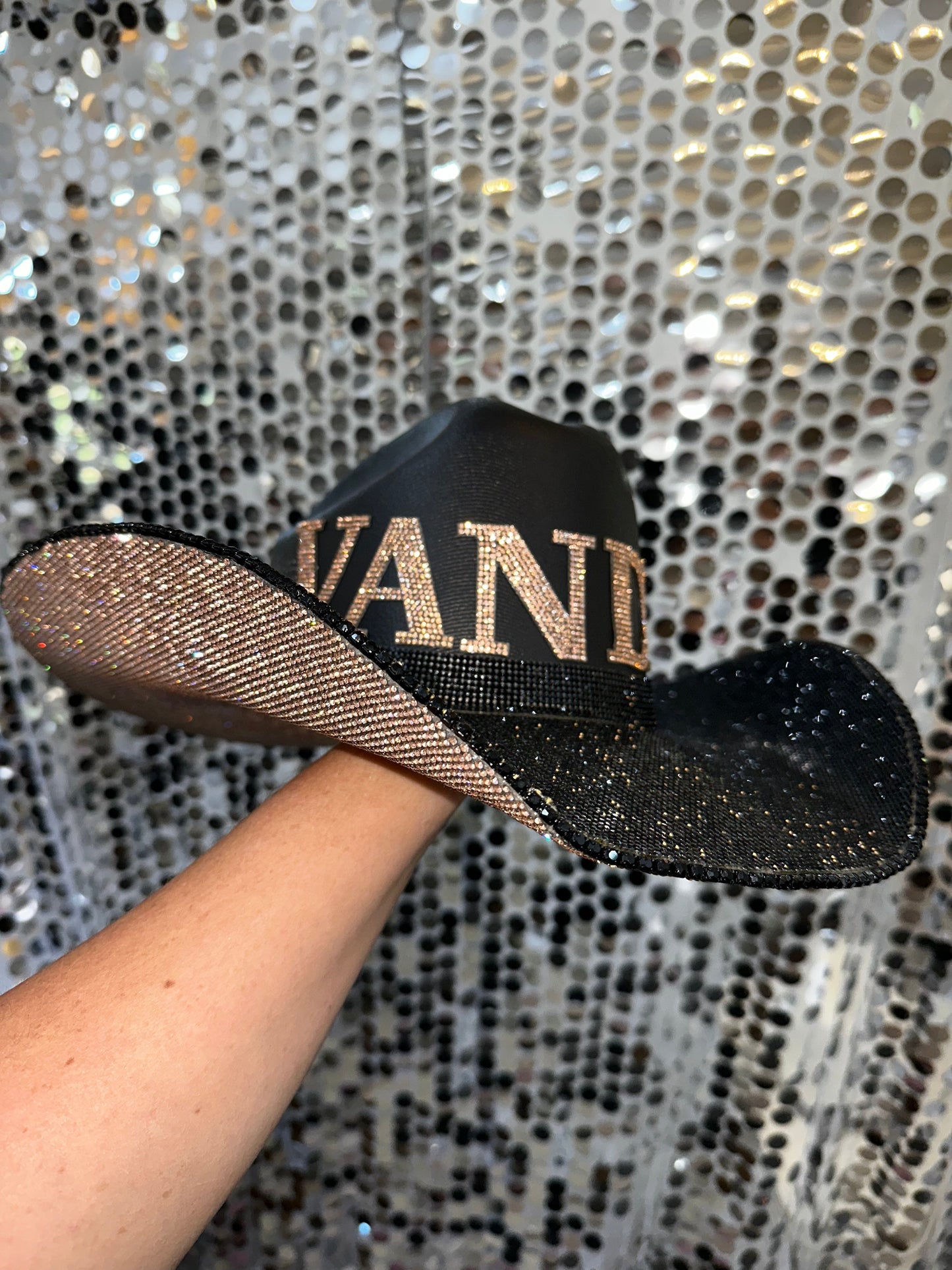 Vanderbilt Champagne Rhinestone Black Straw Hat Vanderbilt