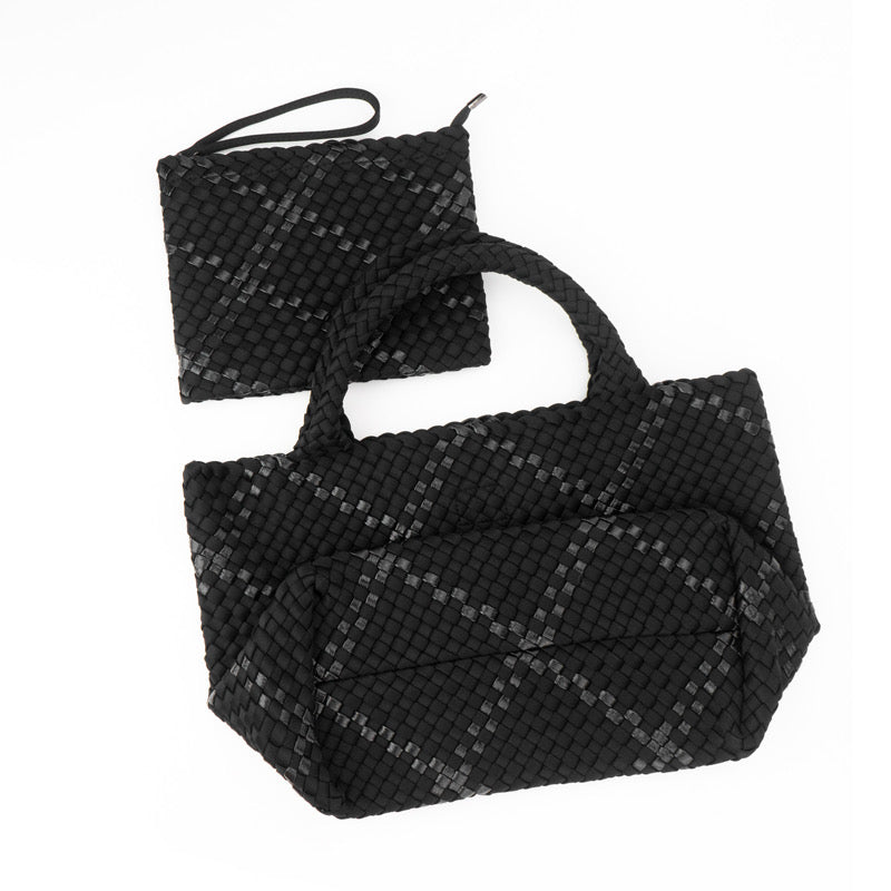 Large Woven Neoprene Tote with Wristlet Onyx with Glittered Stripe Handbag The Charli