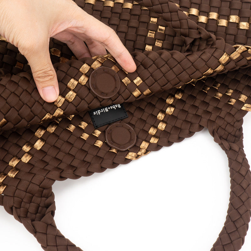Large Woven Neoprene Tote Cocoa with Gold Stripe Handbag The Charli