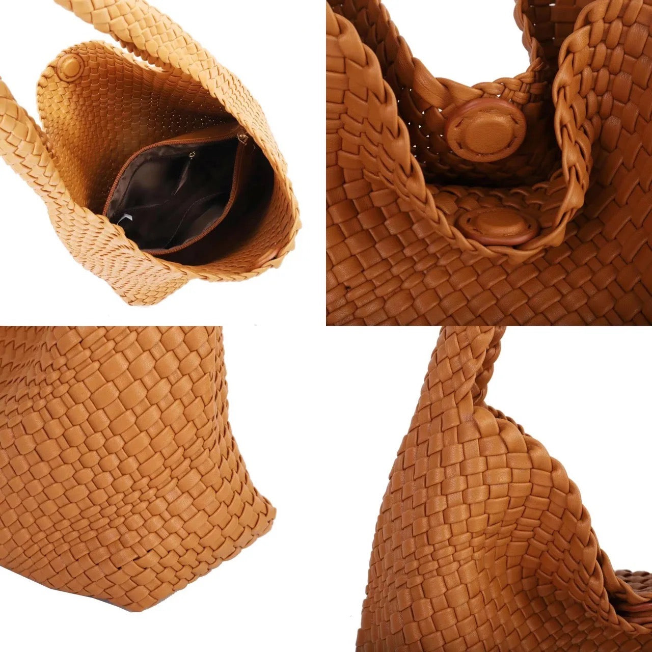 Large Woven Vegan Leather Tote Camel Handbag The Willow