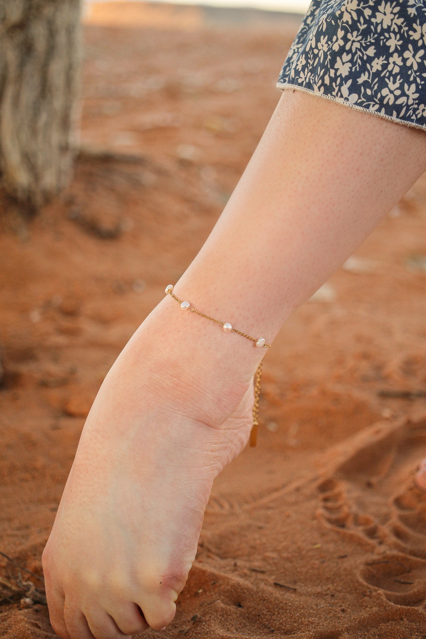 Freshwater Pearl Adjustable Anklet 18k Gold Plated Stainless Steel Rose & Clay
