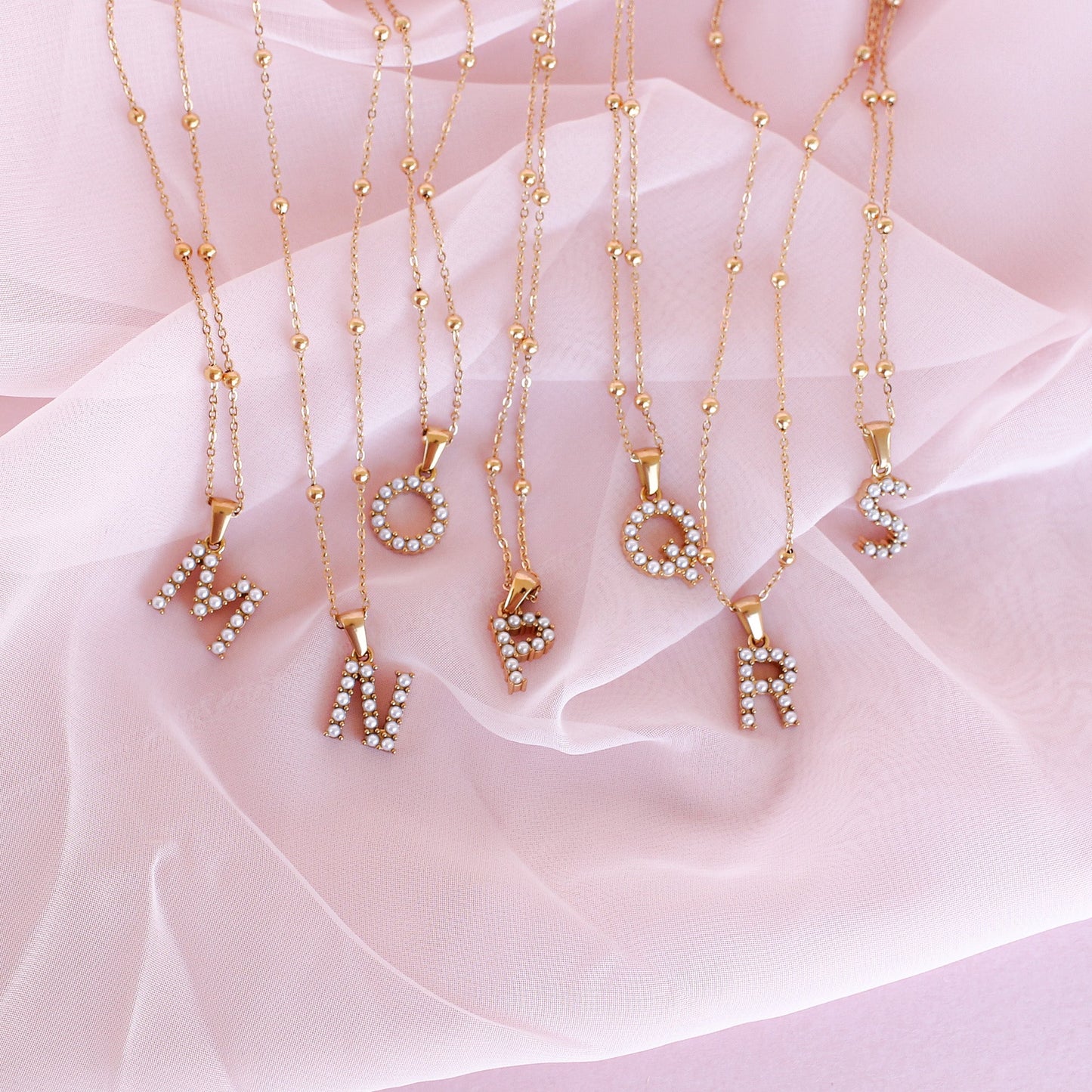 Pearl Encrusted Initial Necklace 18k Gold Plated Stainless Steel