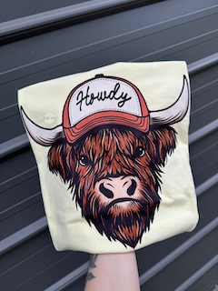 Howdy Highland cow playful tee and sweatshirt Gunpowder and Lace Boutique Nac