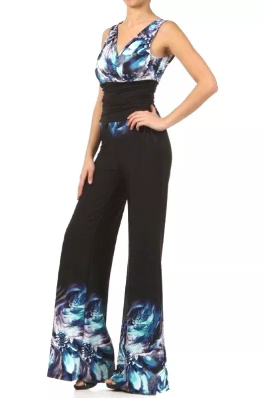 Women's Ladies vintage Printed Wide-leg Halter Jumpsuit, Turq