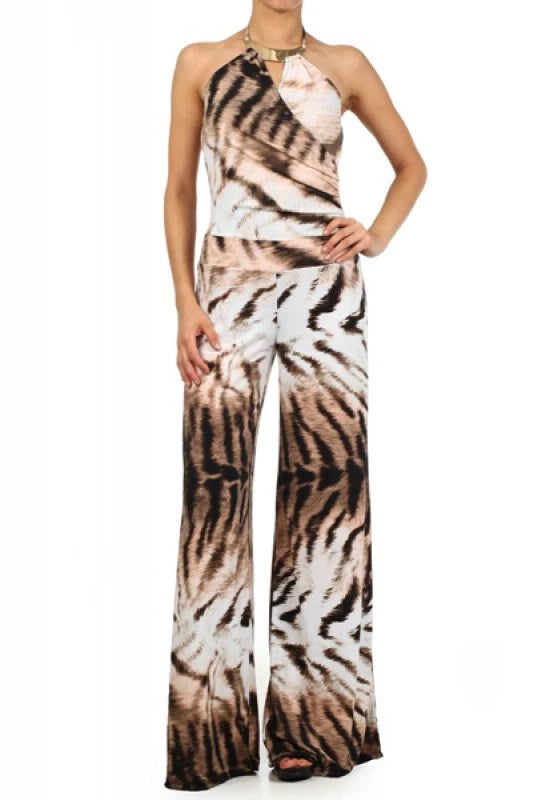 Women's Ladies Tie Dye Animal Striped Full Length Brown Jumpsuit With A Wide Leg