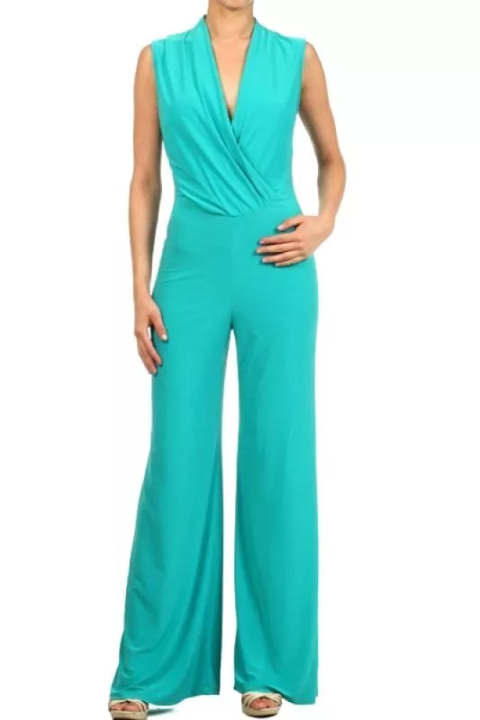 Women's Ladies solid Sleeveless Full Length Jumpsuit, V-neck Turquoise