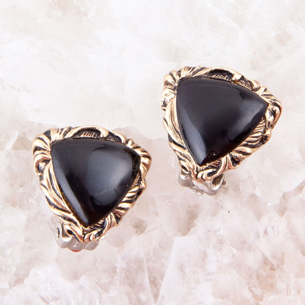 Jacquard Black Onyx Clip-on Golden Earrings