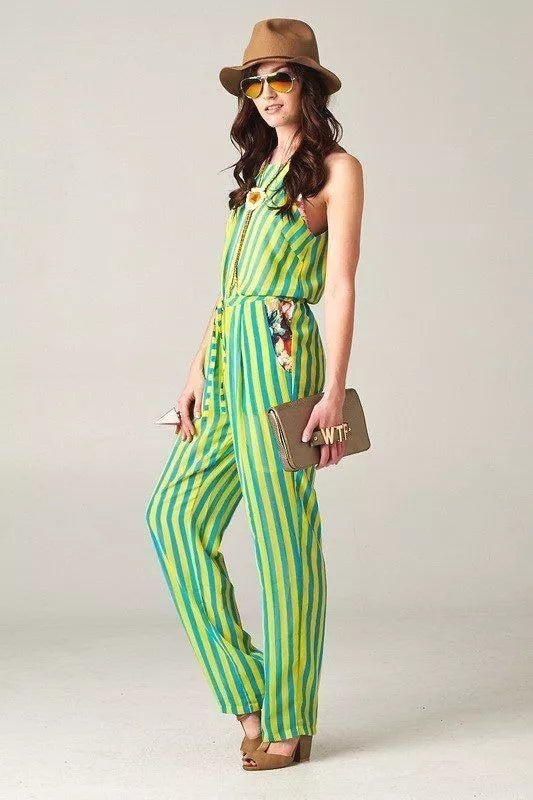 Women's Spaghetti Strap Jumpsuit With Border Flower Trim Neon Green &Yellow