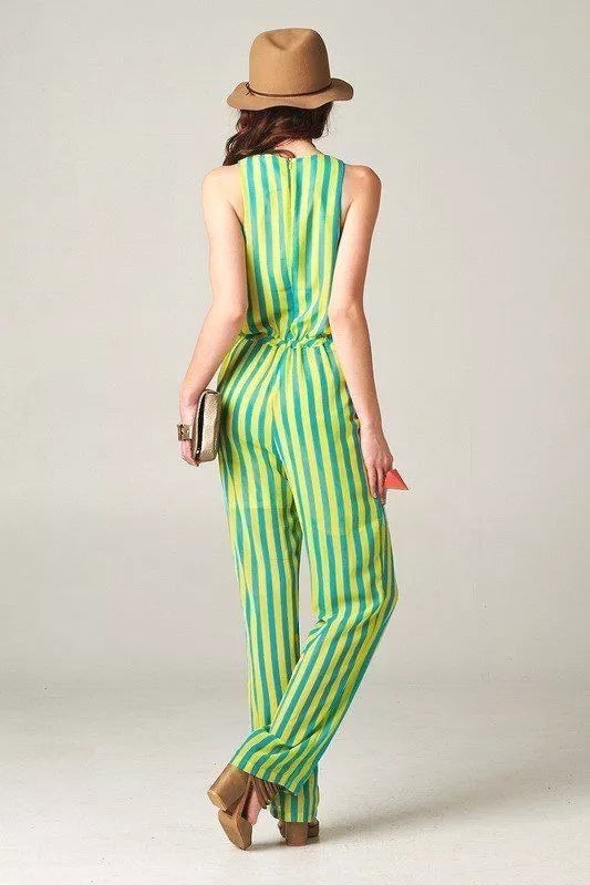 Women's Spaghetti Strap Jumpsuit With Border Flower Trim Neon Green &Yellow