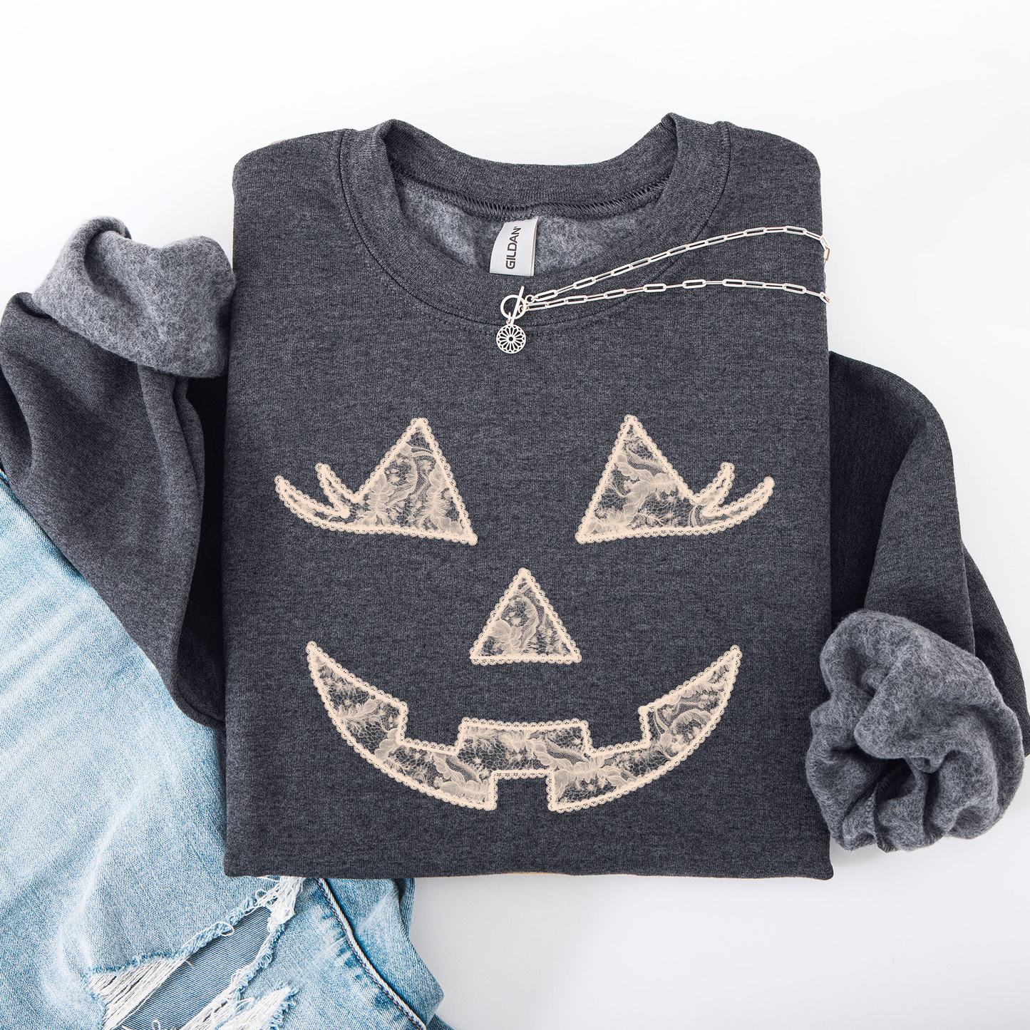 Jack o Lantern Faux Lace Halloween Sweatshirt Coquette Refinery Number One