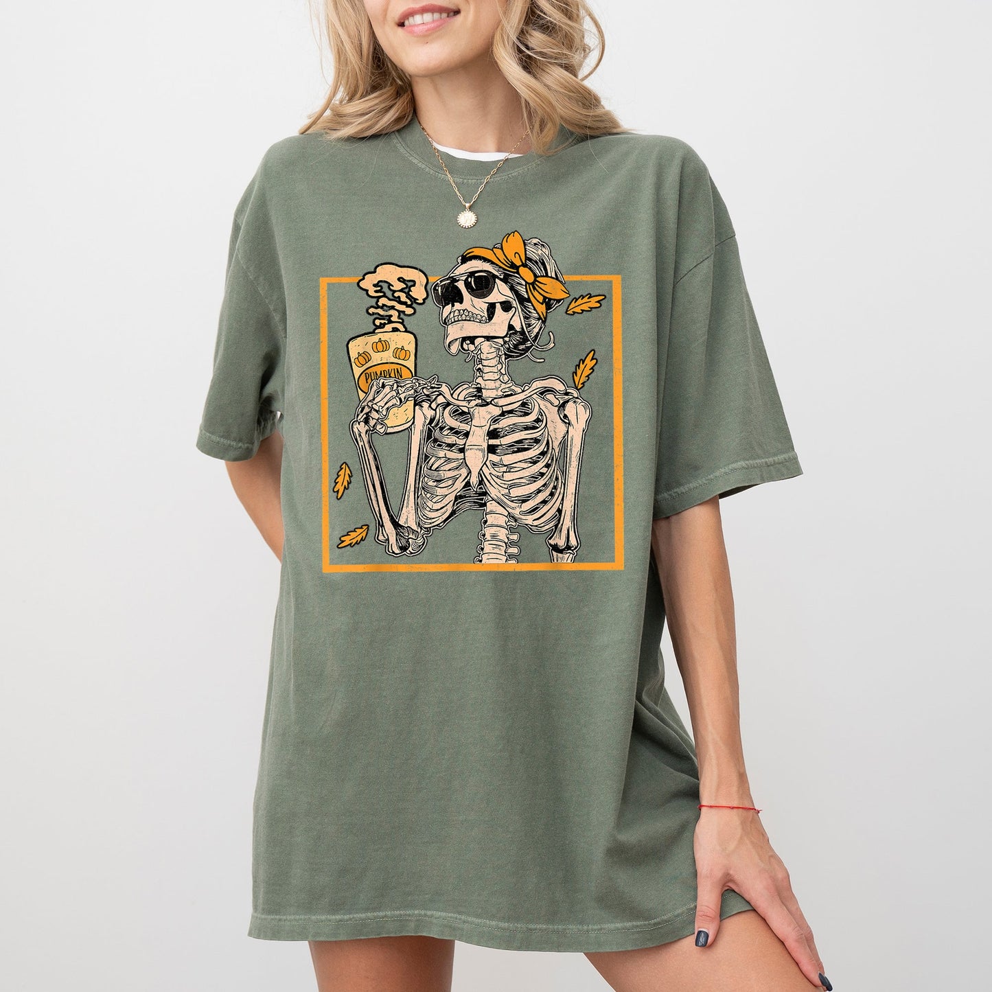 Skeleton Lady Fall Leaves Funny Witch Halloween Spooky Costume Tshirt Comfort Colors T-Shirt