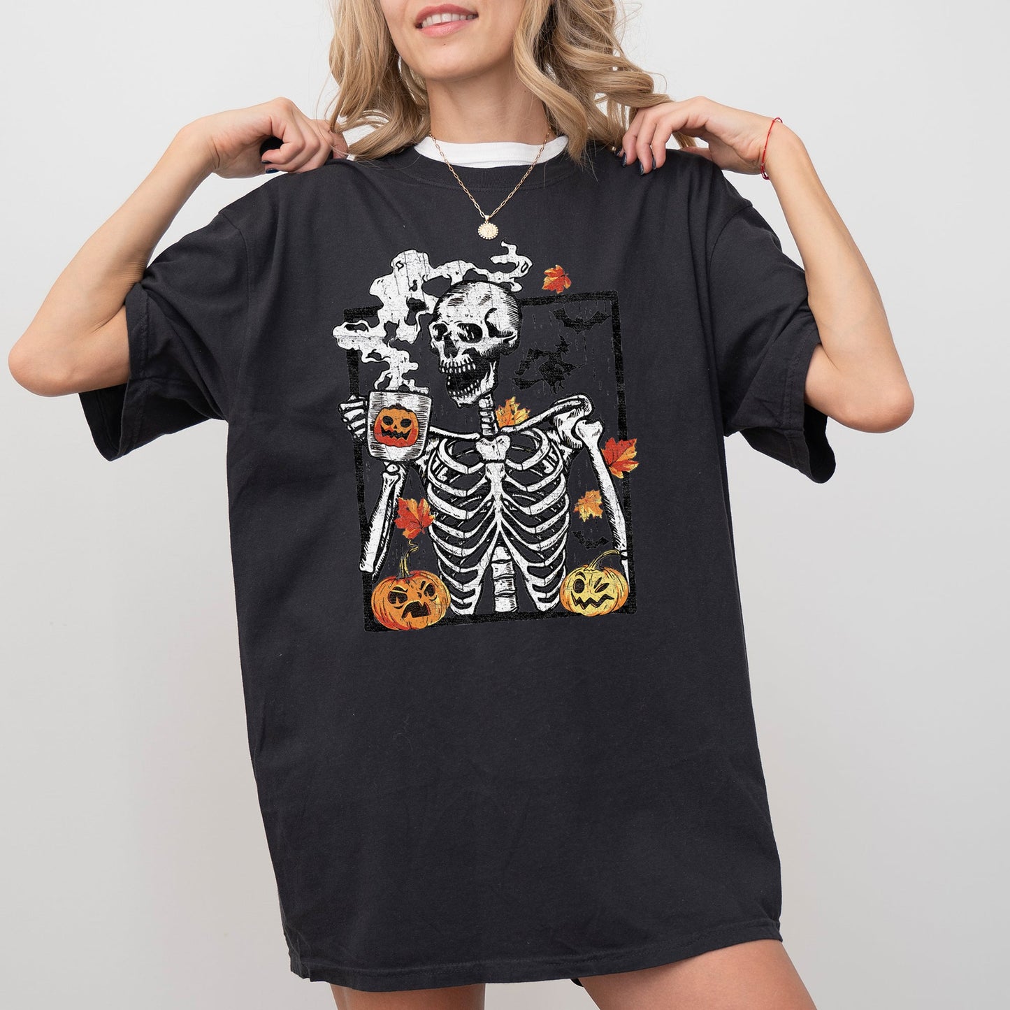Skeleton Coffee Pumpkin Aesthetic Funny Halloween Costume Tshirt Comfort Colors T-Shirt