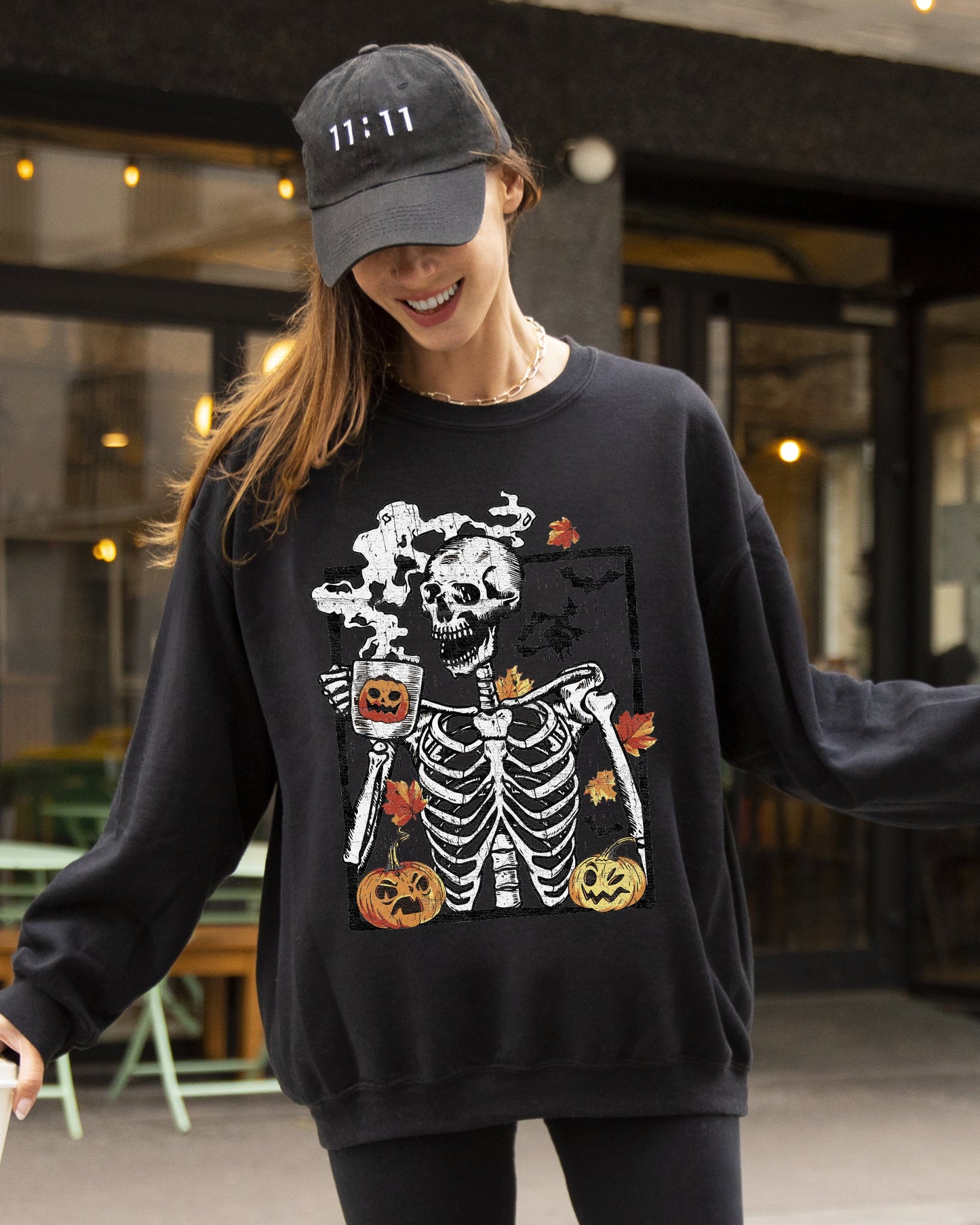 Skeleton Coffee Pumpkin Halloween Costume Sweatshirt Unisex