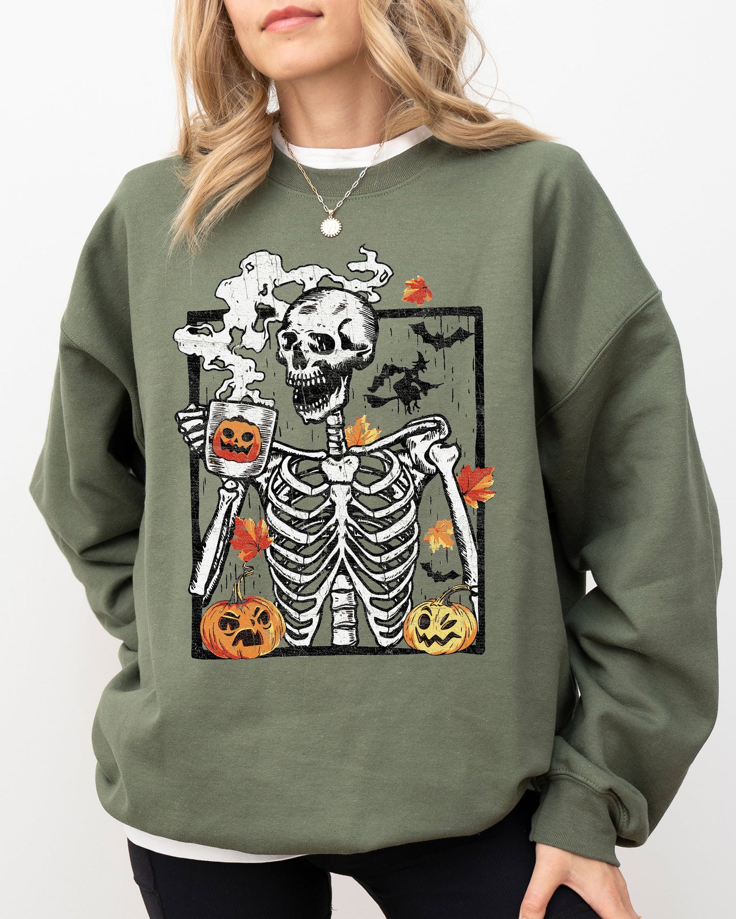 Skeleton Coffee, Pumpkin, Witch, Aesthetic, Funny, Meme, Halloween, Spooky, Costume Sweatshirt