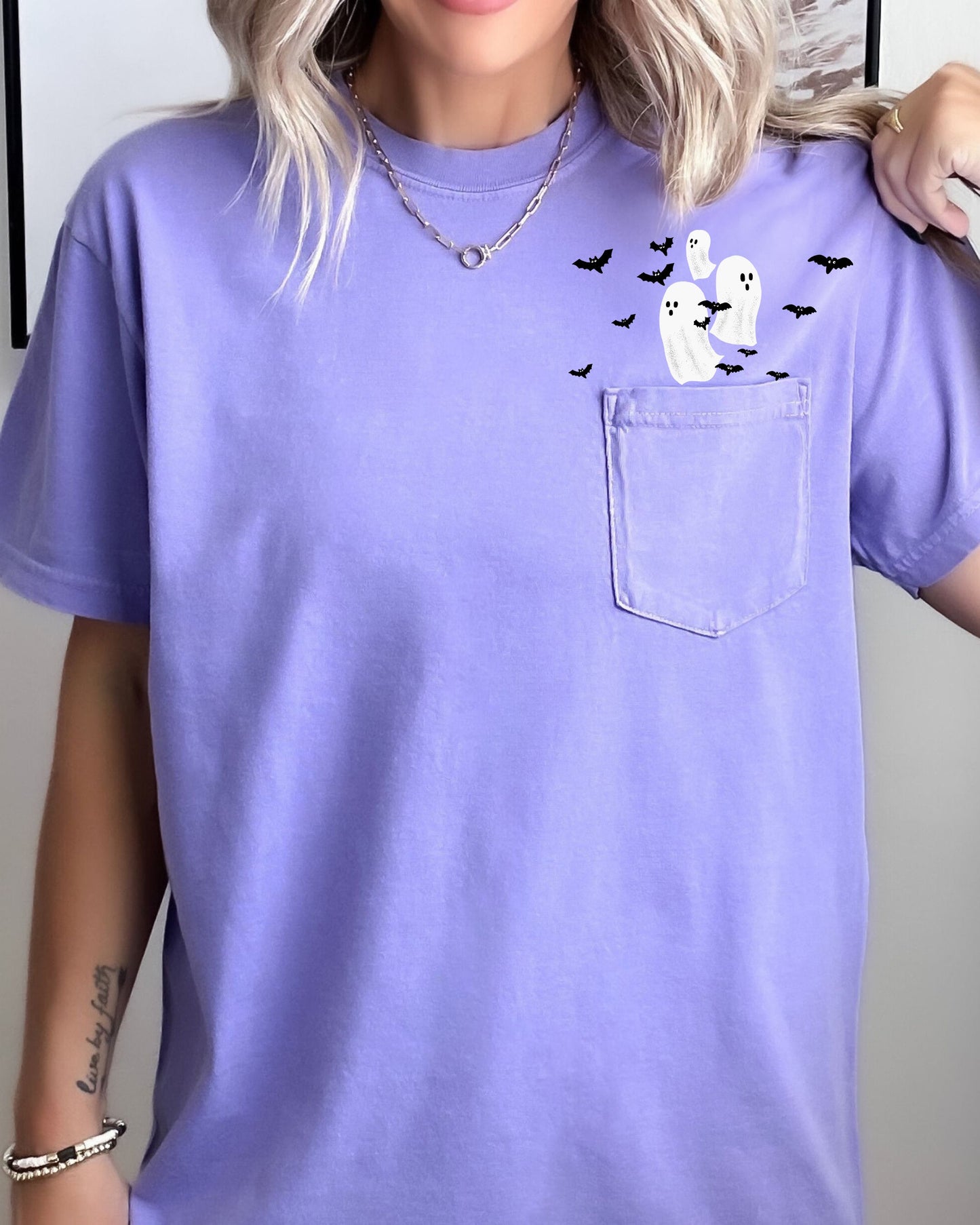 Flying Ghosts and Bats Halloween Costume Pocket Tee Comfort Colors T-Shirt