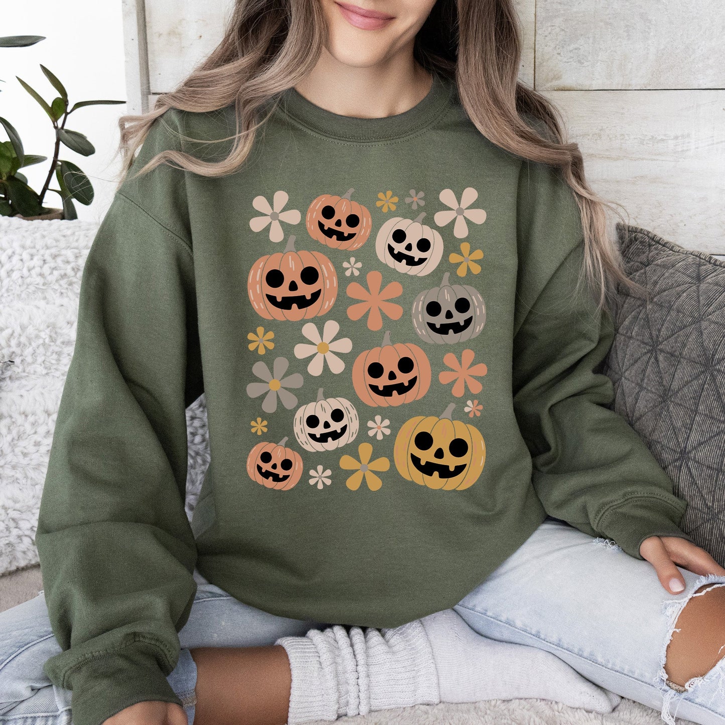 Halloween Pumpkins and Flowers Graphic Sweatshirt Retro Vintage