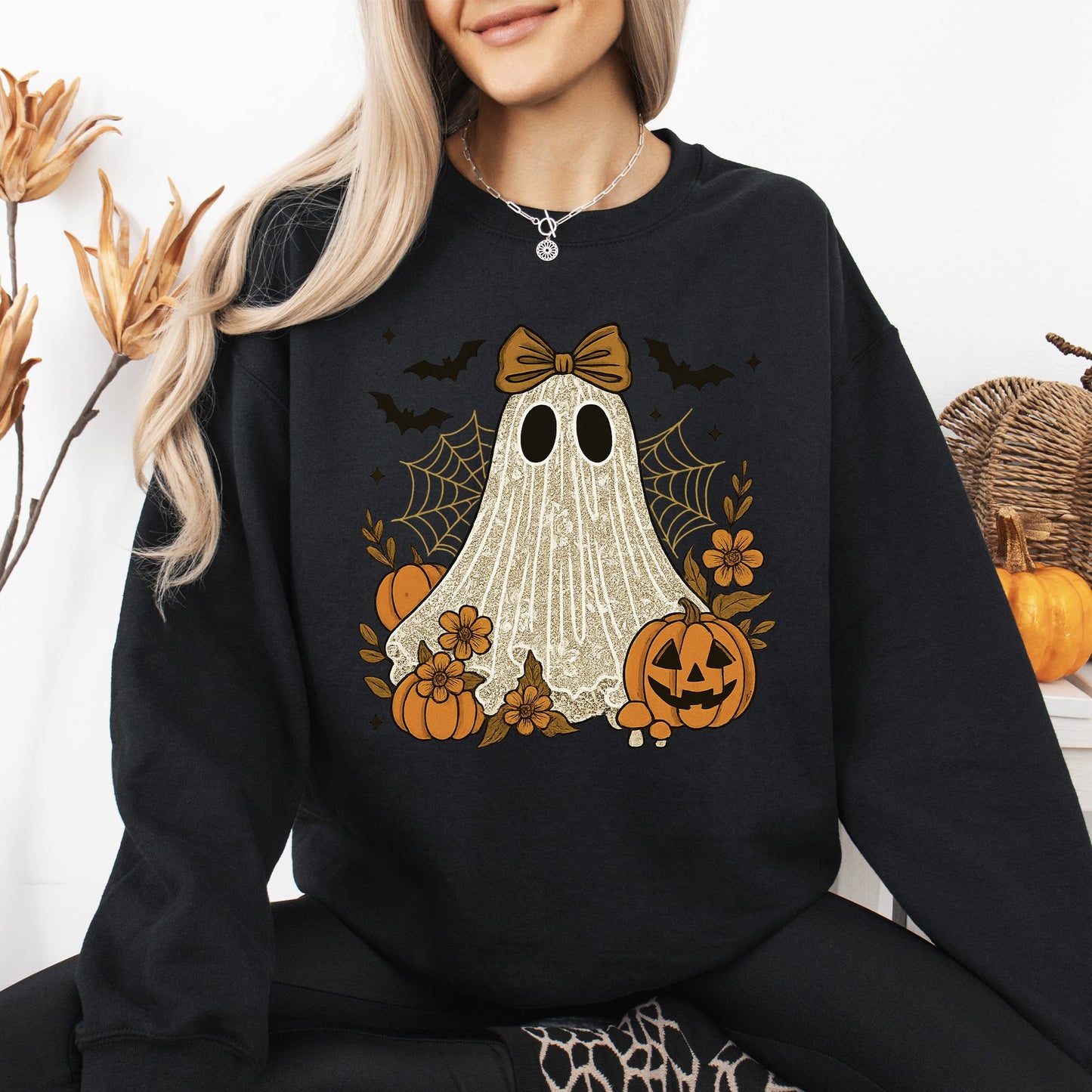 Cute Ghost Graphic Sweatshirt Bow Lace Bats Halloween Retro Vintage