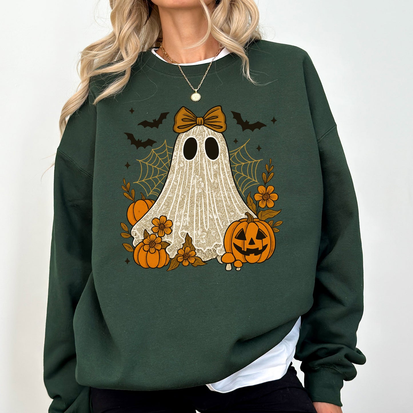 Cute Ghost Graphic Sweatshirt Bow Lace Bats Halloween Retro Vintage