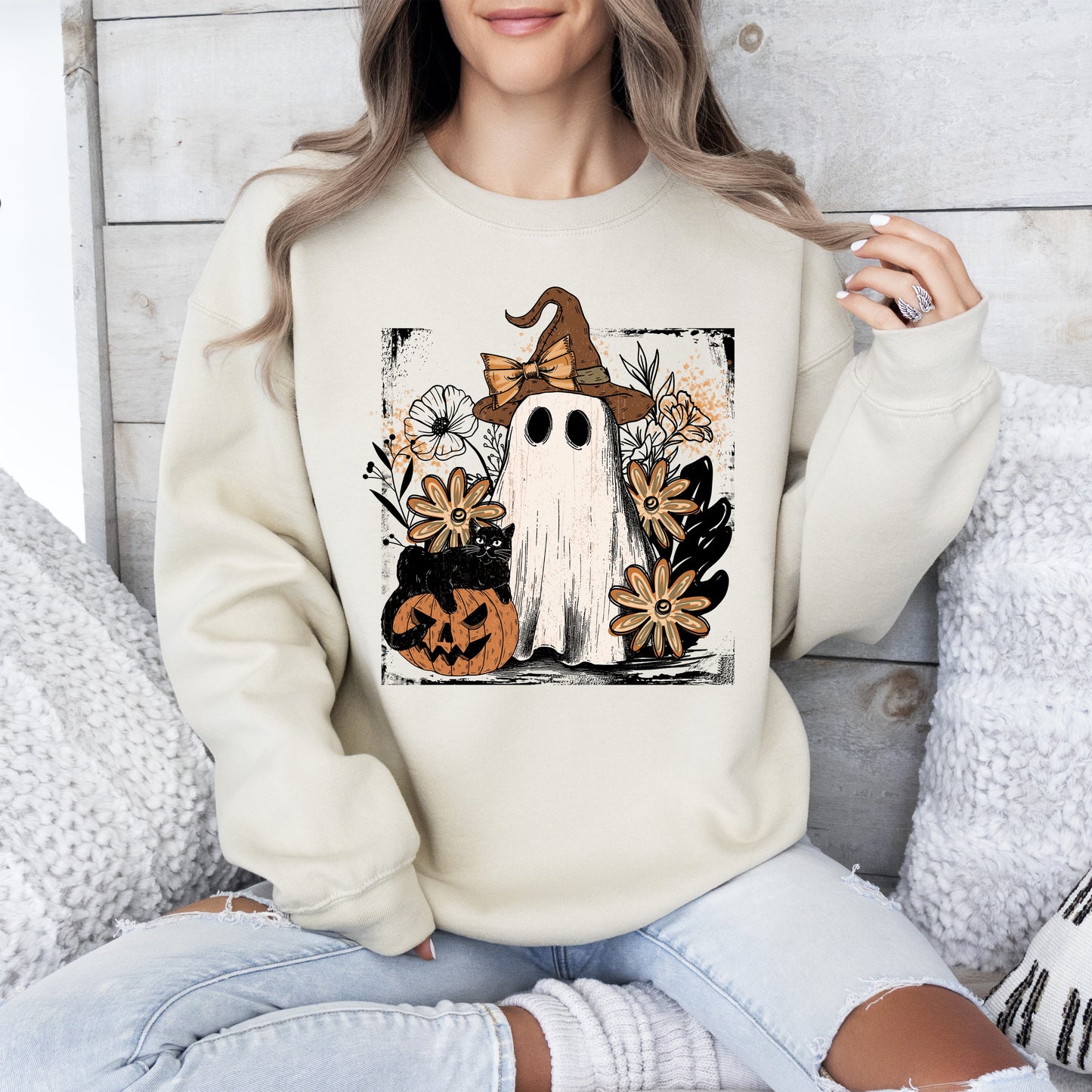 Pink Neon Ghost Vintage Graphic Sweatshirt Halloween Costume