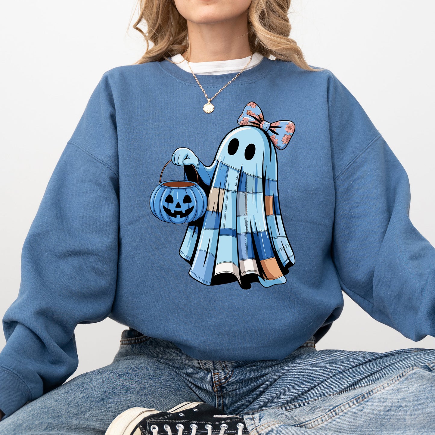 Blue Ghost Patchwork Graphic Sweatshirt Halloween Costume