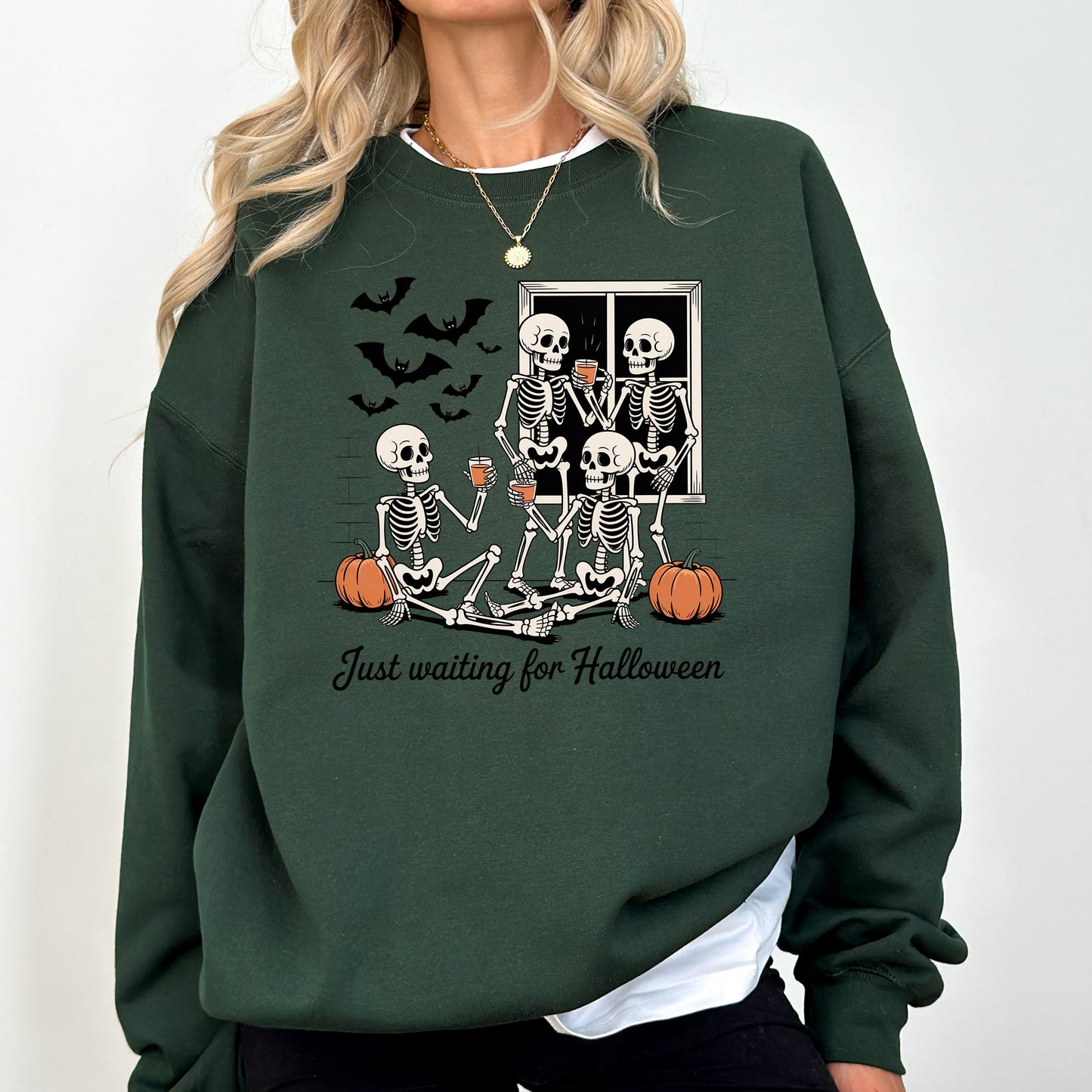 Just Waiting for Halloween, Skeleton, Funny, Ghost, Halloween, Vintage, Pumpkin, Retro, Spooky, Costume, Fall, Graphic Sweatshirt