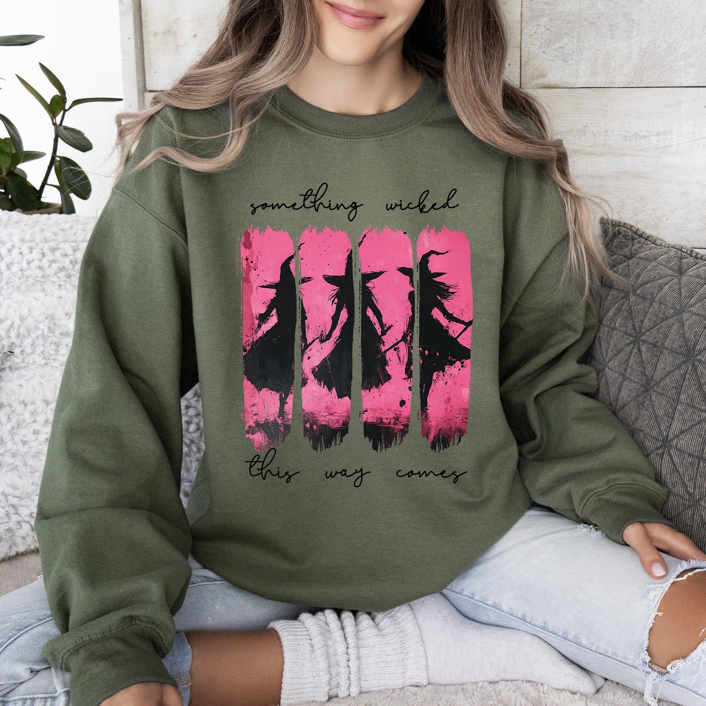 Something Wicked, Witch, Skeleton, Ghost, Halloween, Western, Vintage, Pumpkin, Retro, Spooky, Costume, Fall, Graphic Sweatshirt