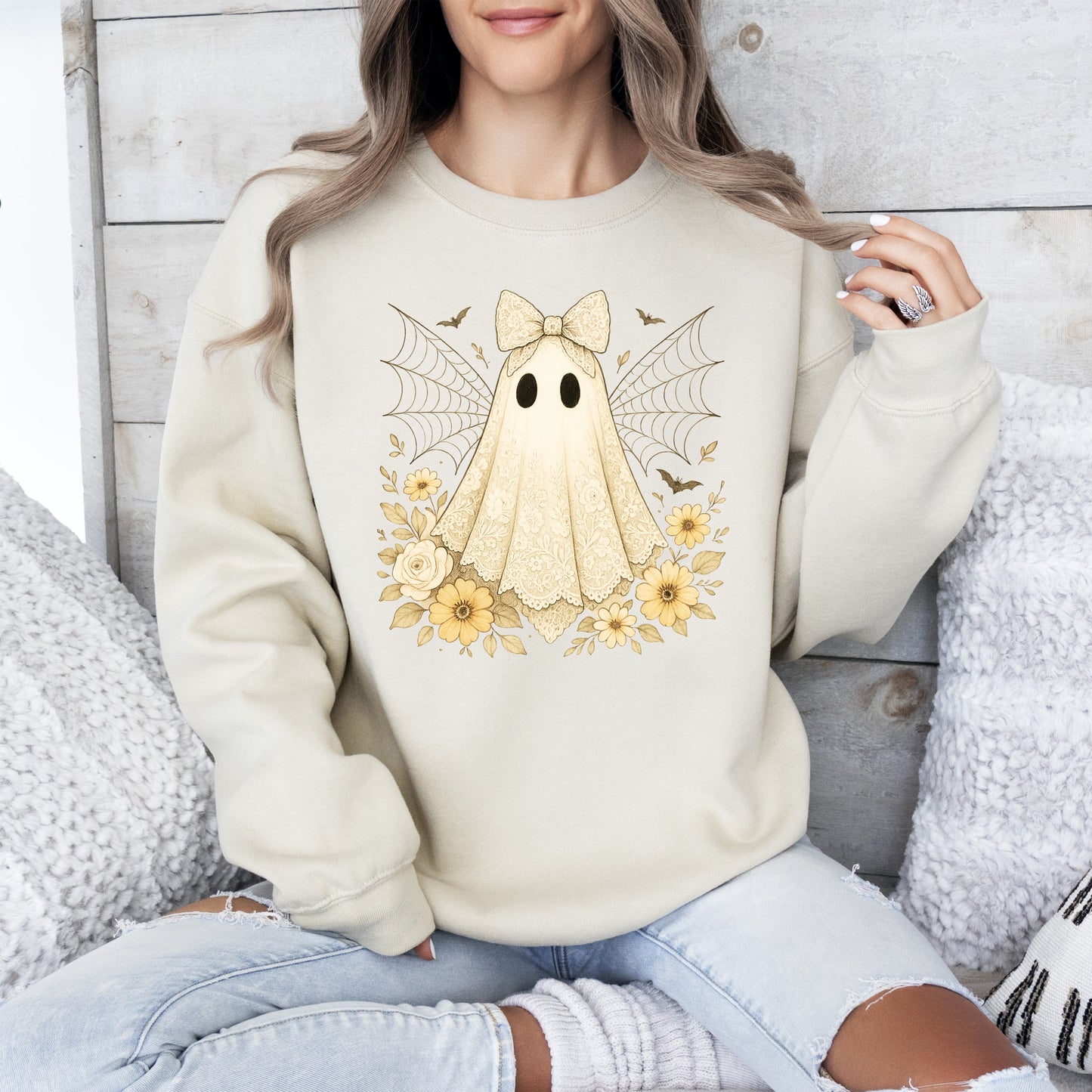 Vintage Ghost Lace Spider Web Graphic Sweatshirt Fall Halloween Costume