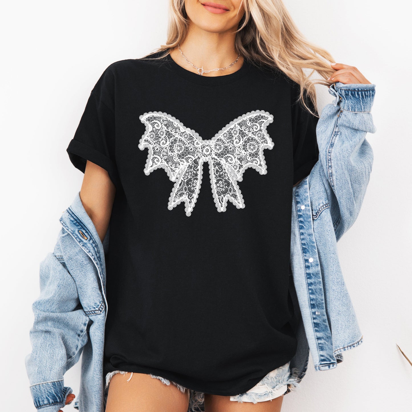 Lace Bow Faux Lace Ribbon Halloween Goth Coquette Tshirt
