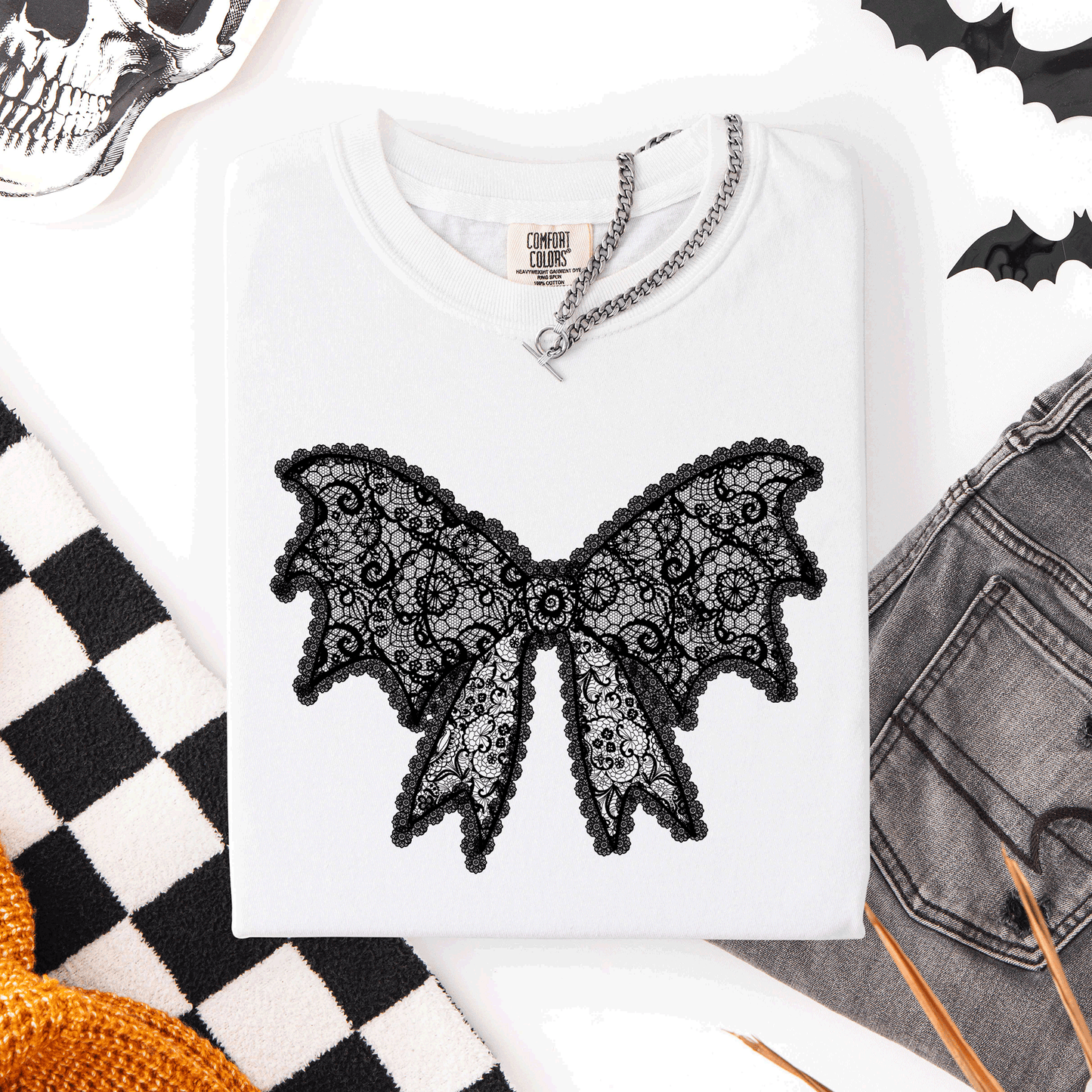 Lace Bow, Halloween, Goth, Faux Lace, Ribbon, Coquette, Comfort Colors T-Shirt