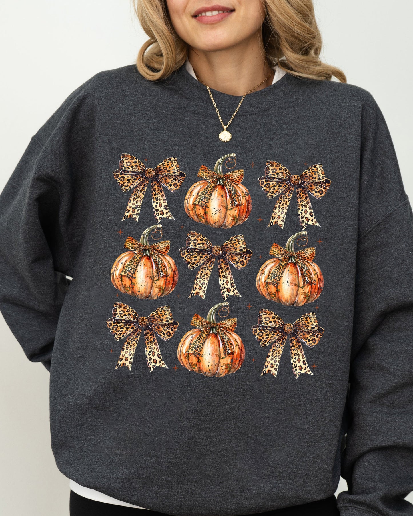 Leopard Print Pumpkins Coquette Ribbons and Bows Fall Sweatshirt