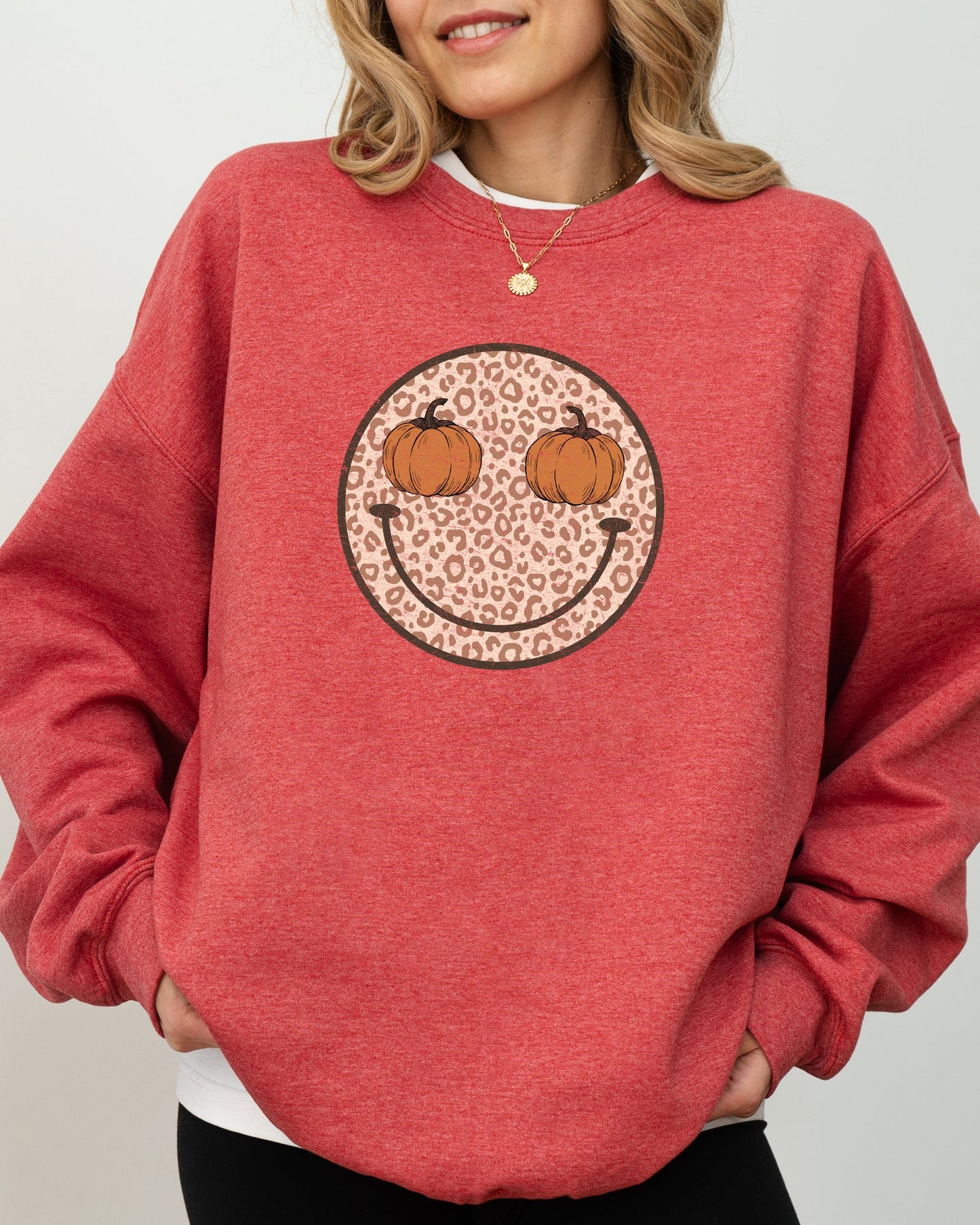 Leopard Print Smiley Halloween Pumpkin Retro Fall Autumn Sweatshirt