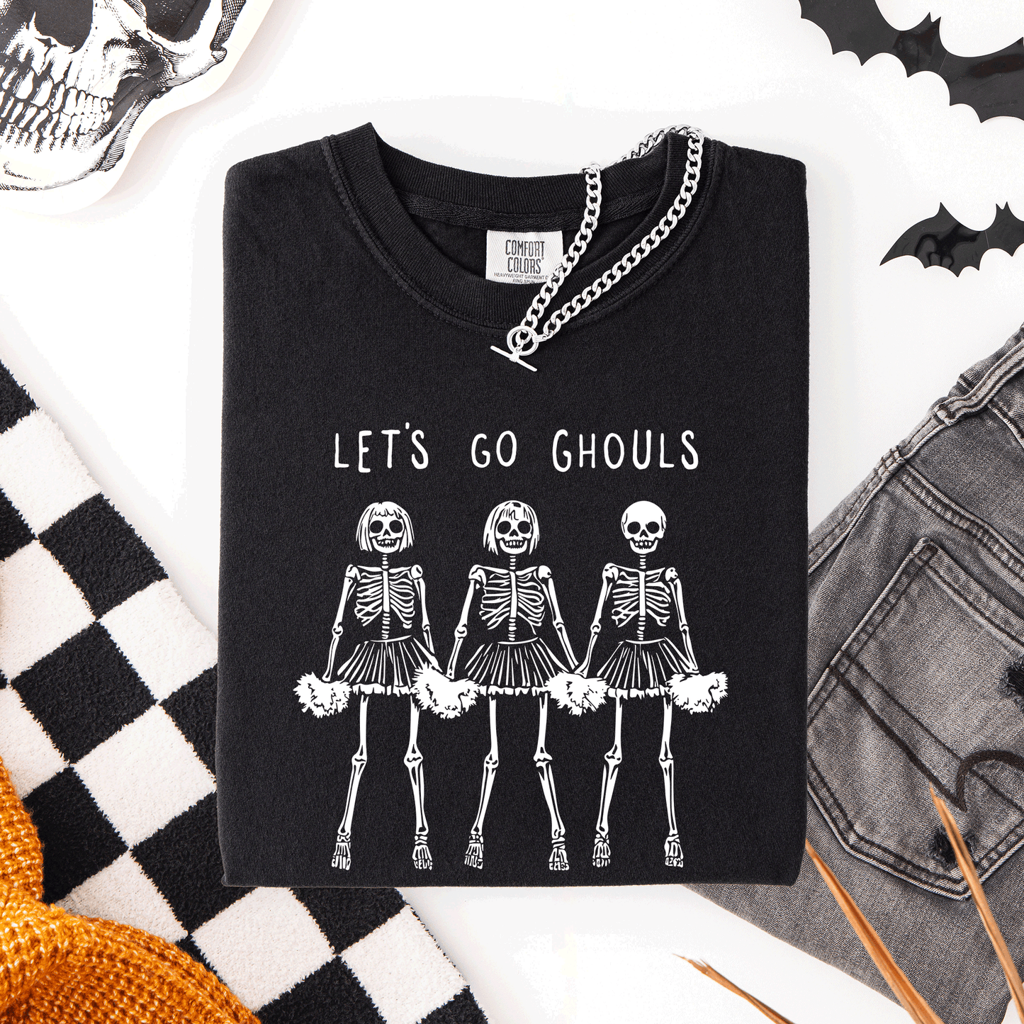 Let's Go Ghouls Cute Skeleton Cheerleaders Halloween Comfort Colors T-Shirt