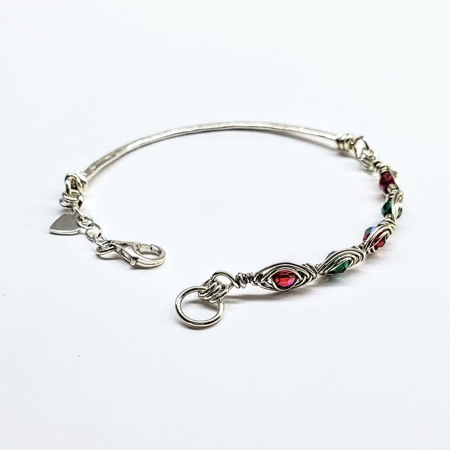 Silver Wire Wrapped Red Green Christmas Holiday Tube Bracelet