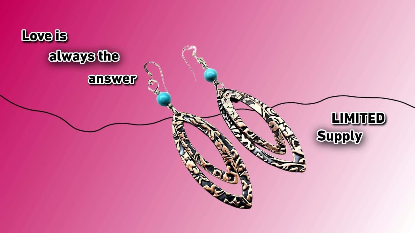 Copper Embossed Pointed Oval Turquoise Beaded Earrings Handmade