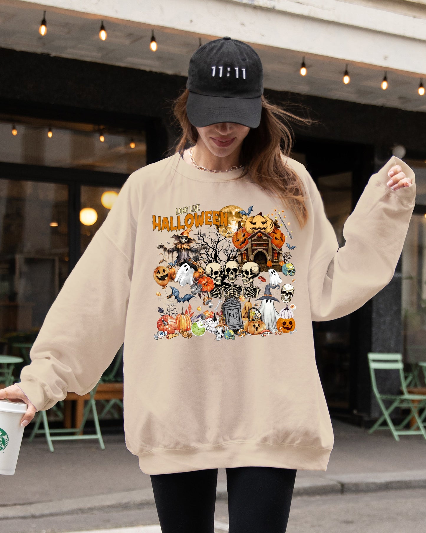 Long Live Halloween, Spooky Scene, Witch, Skeleton, Ghost, Haunted Sweatshirt